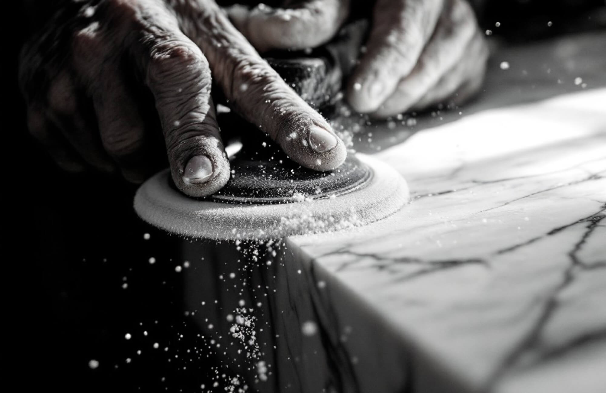 Close-up of hands expertly polishing a marble surface, with fine dust particles scattering under the buffing pad for a smooth, glossy finish.