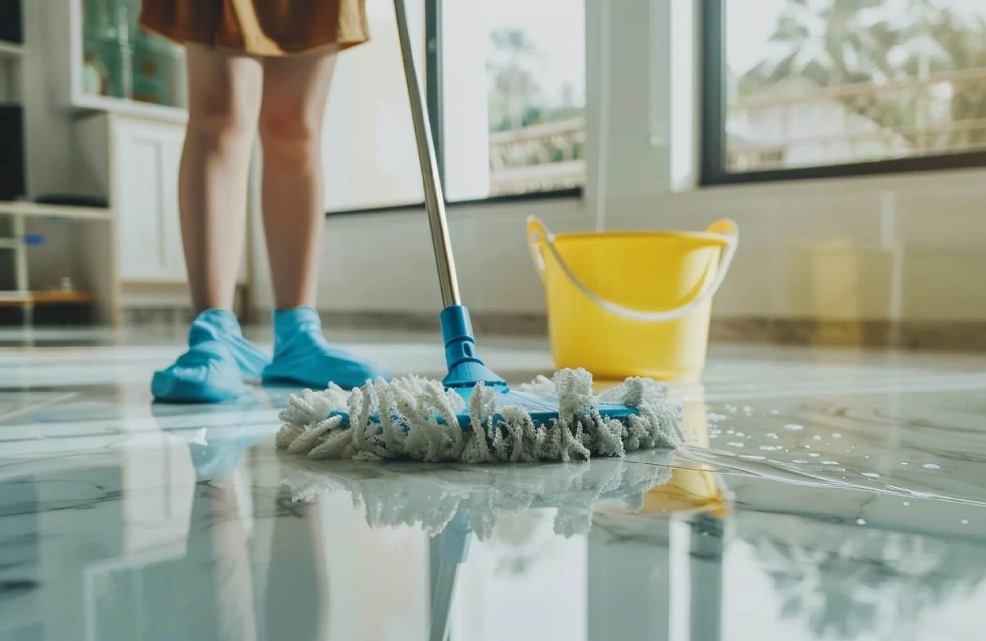 Person mopping a shiny marble floor with a blue mop and bucket, capturing a clean, reflective surface in a bright room.