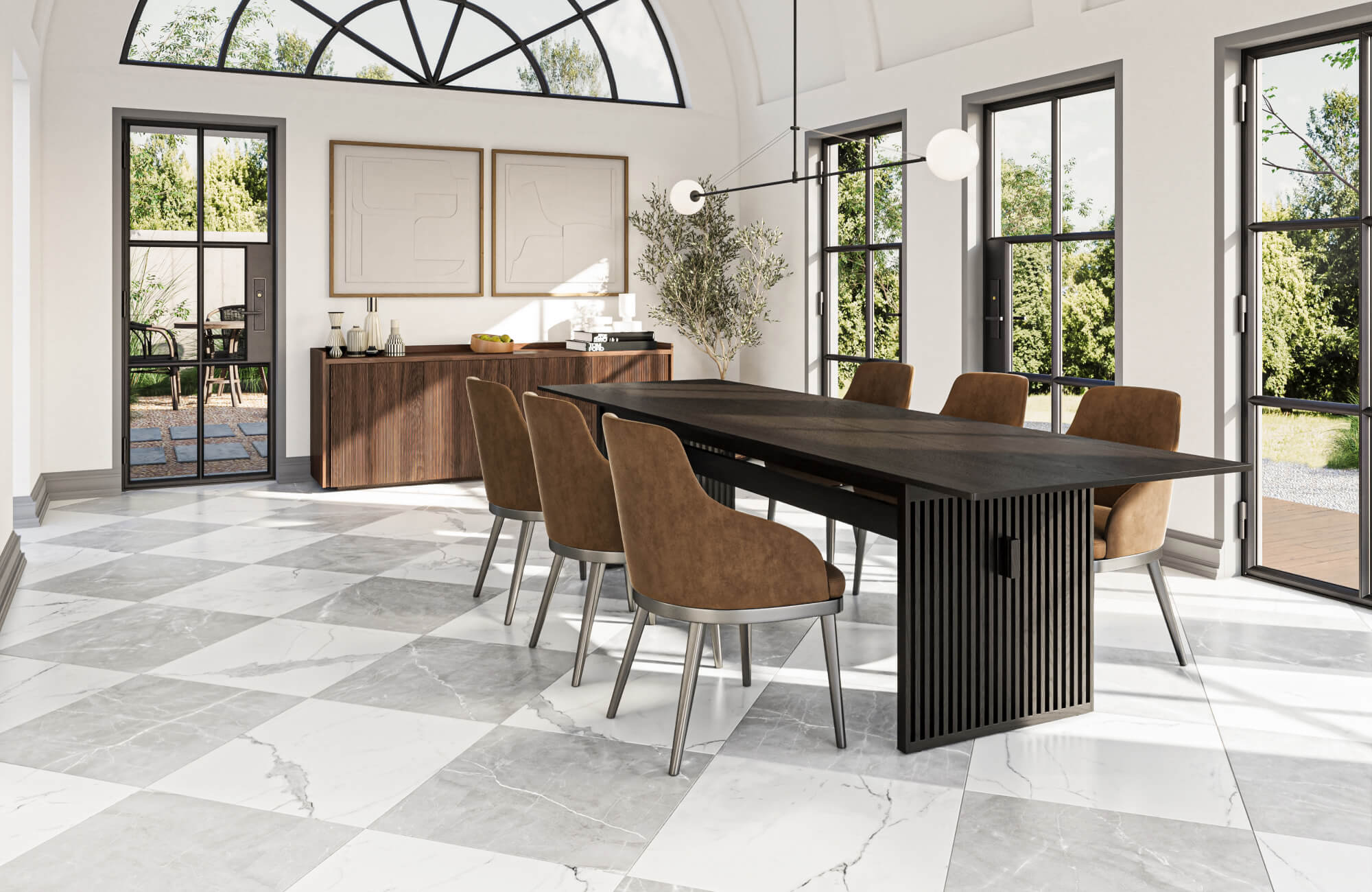 Bright dining room featuring a modern black table with brown upholstered chairs, set on a polished marble look floor in a gray-and-white checkerboard pattern, with large arched windows offering a scenic outdoor view.