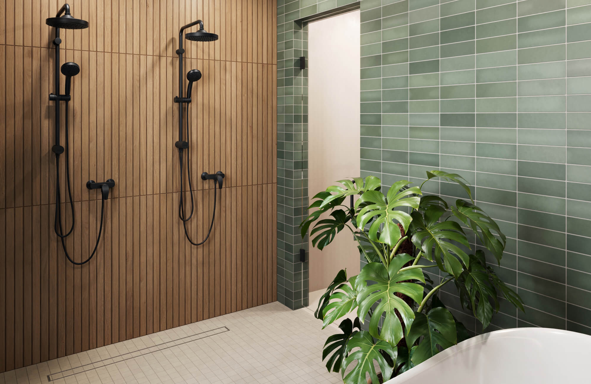 Modern bathroom with vertical wood look tile paneling, matte black dual shower heads, and green subway wall tiles, accented by a large potted plant.