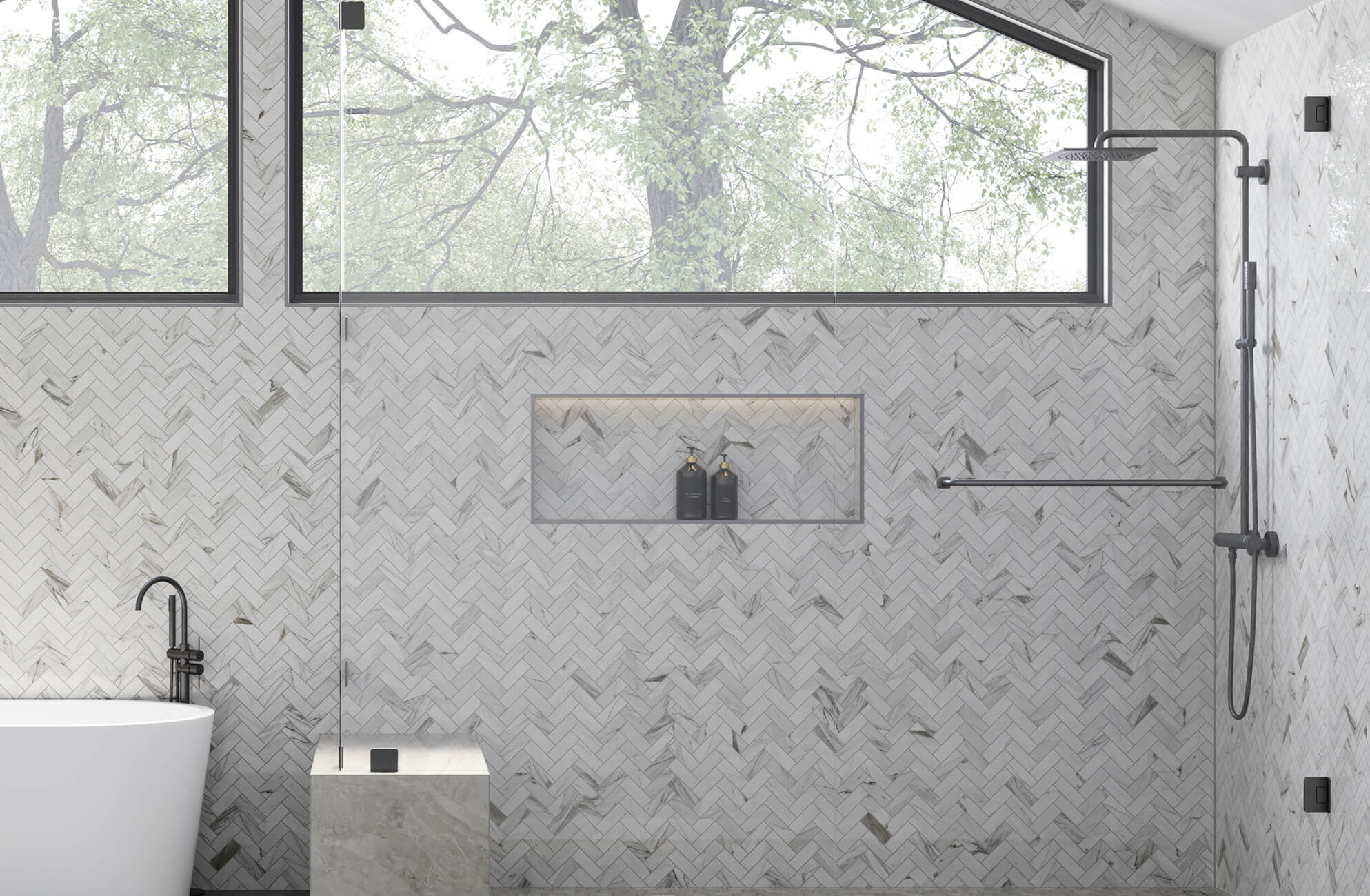 Modern bathroom with marble herringbone tile walls, creating a seamless backdrop that enhances the shower and bathtub with sleek sophistication.