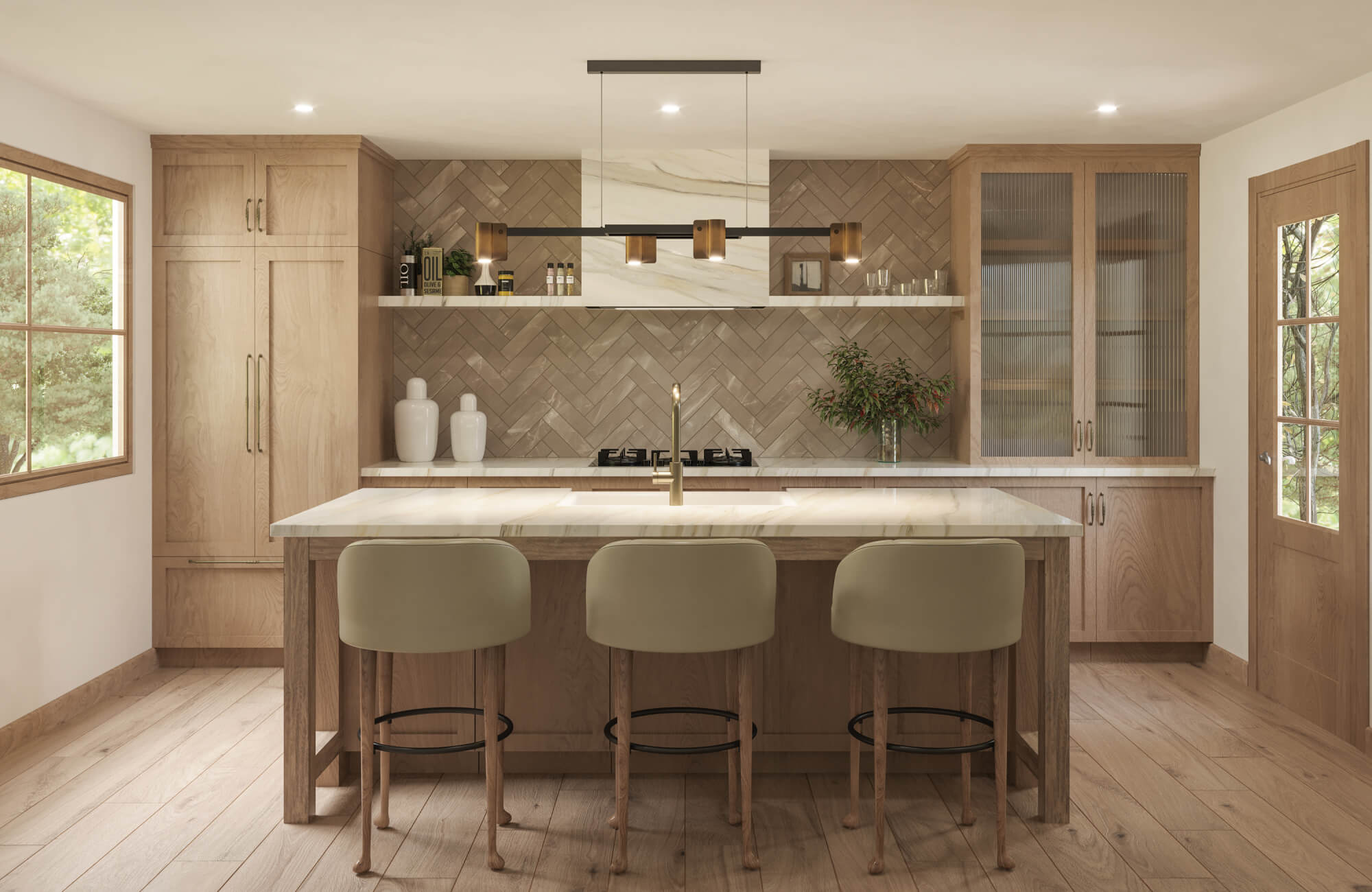 Warm contemporary kitchen with wood cabinetry and a taupe herringbone tile backsplash that adds depth, texture, and timeless sophistication to the space.