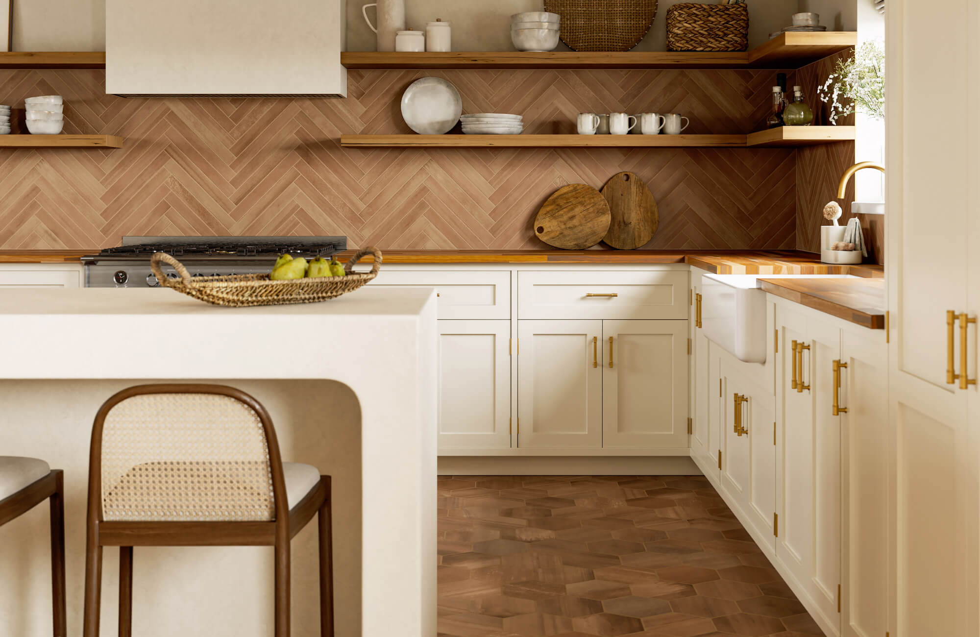 Cozy modern kitchen with cream cabinetry and a warm terracotta herringbone tile backsplash that adds depth, texture, and inviting character to the space.