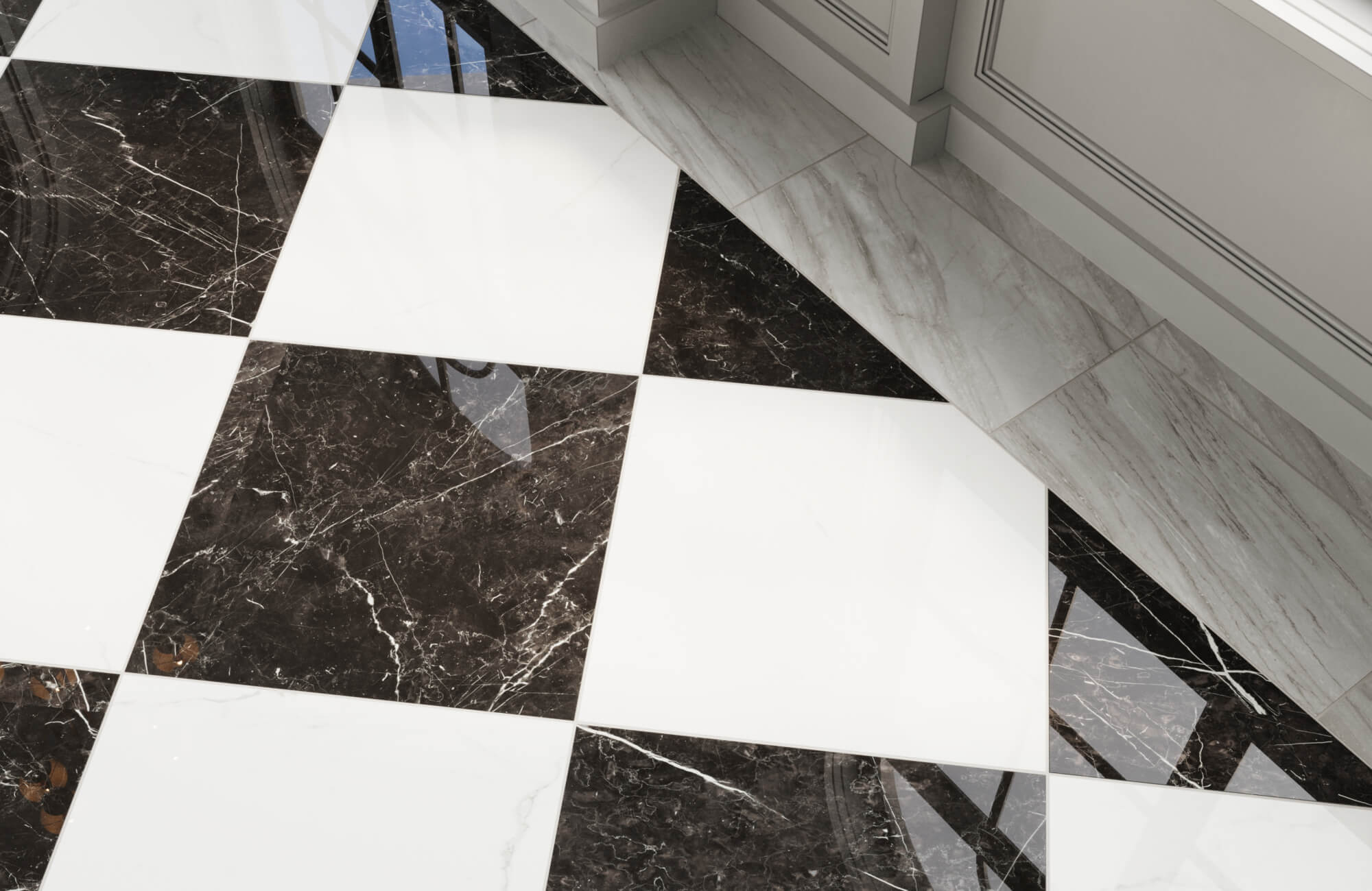 null Glossy black and white checkered marble floor tiles, reflecting light in a modern interior setting.