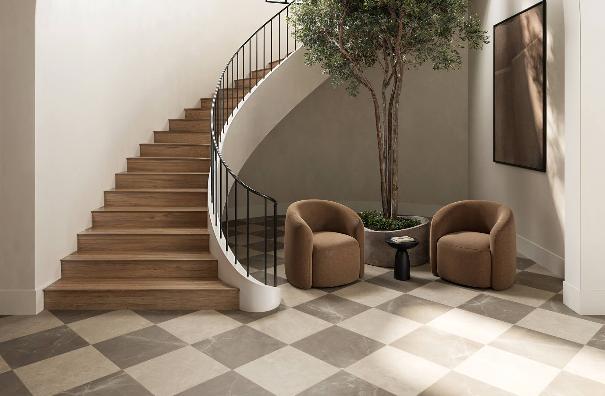 null Glossy black and white checkered marble floor tiles, reflecting light in a modern interior setting.