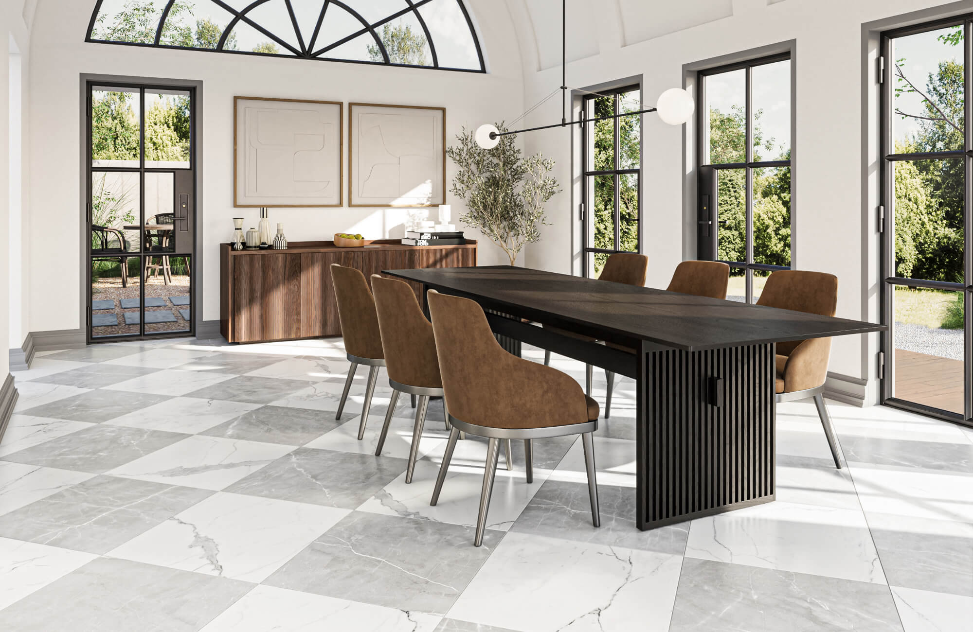 null A spacious dining room featuring large gray and white checkered floor tiles, brown upholstered chairs, and modern decor with plenty of natural light.