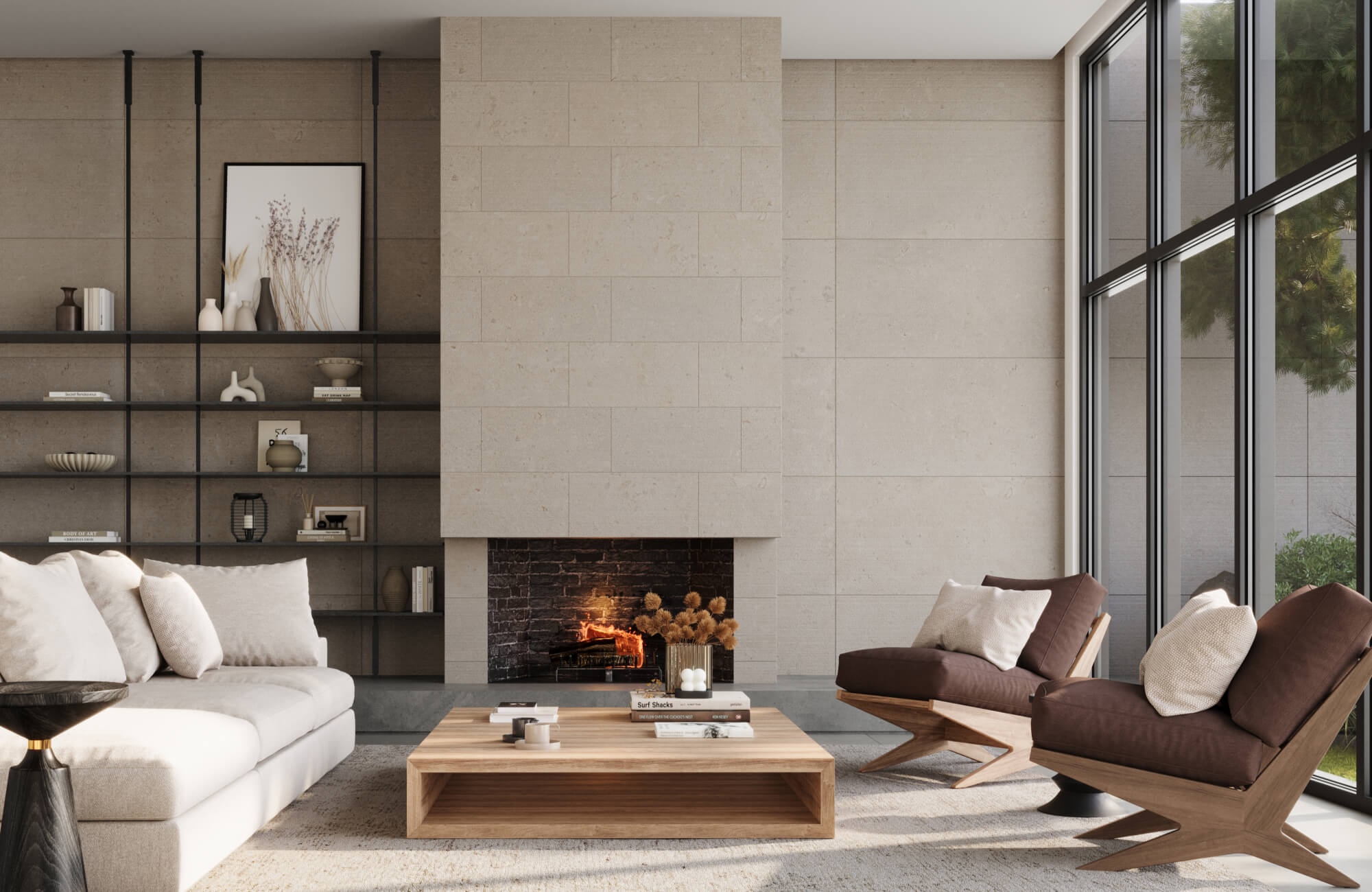 A bright modern living room with neutral stone fireplace surround, streamlined open shelving, cozy seating, and expansive black-framed windows.