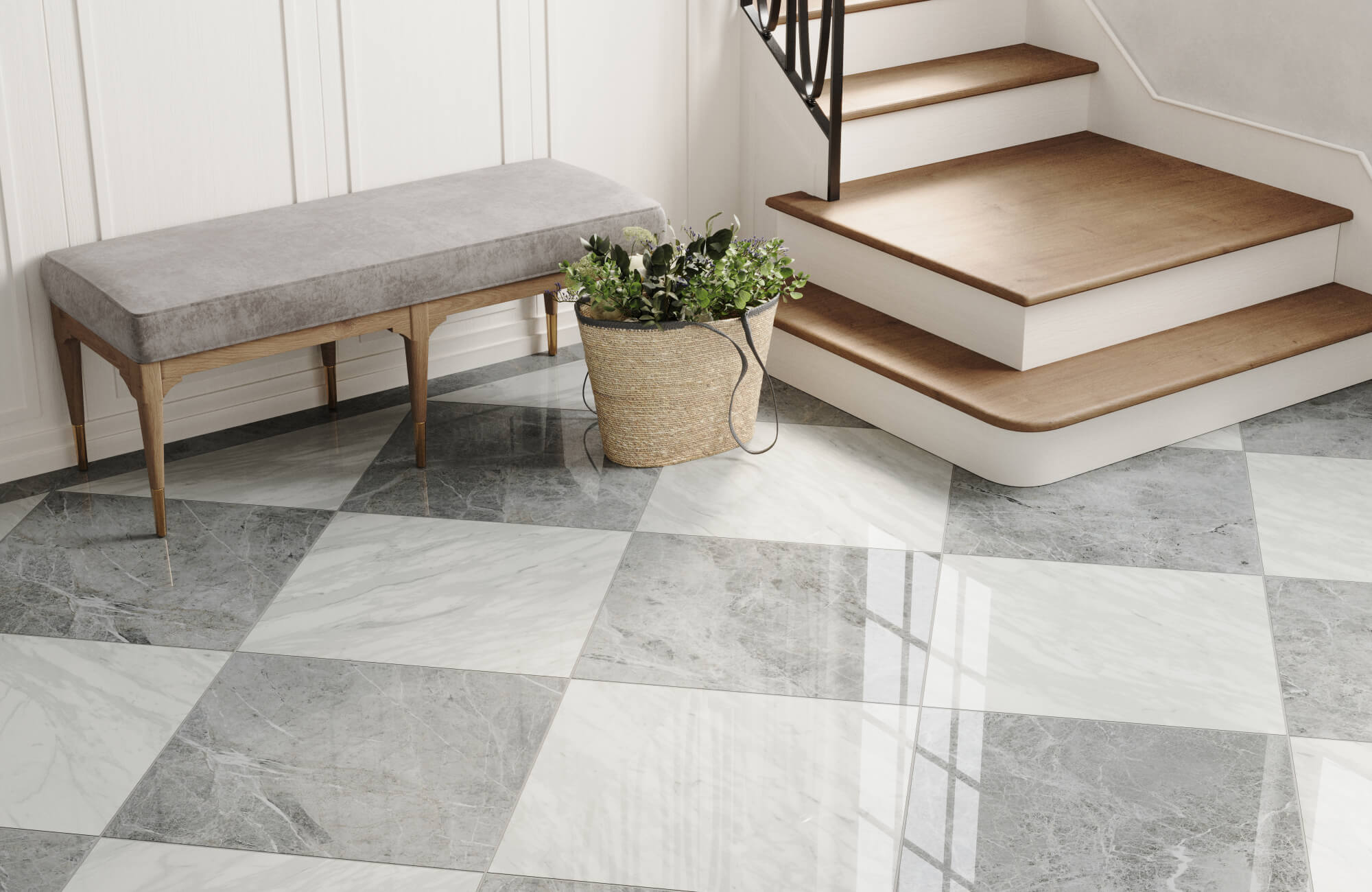 null Polished gray and white checkerboard marble tiles complement the natural wood staircase and a soft bench, adding elegance to the entryway.