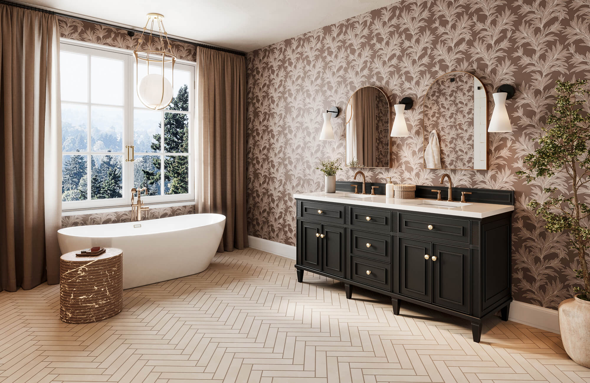null Dark brown leaf print wallpaper covers a luxurious bathroom with a white oval soaking tub, black wood double vanity with gold hardware, and two arched gold mirrors.