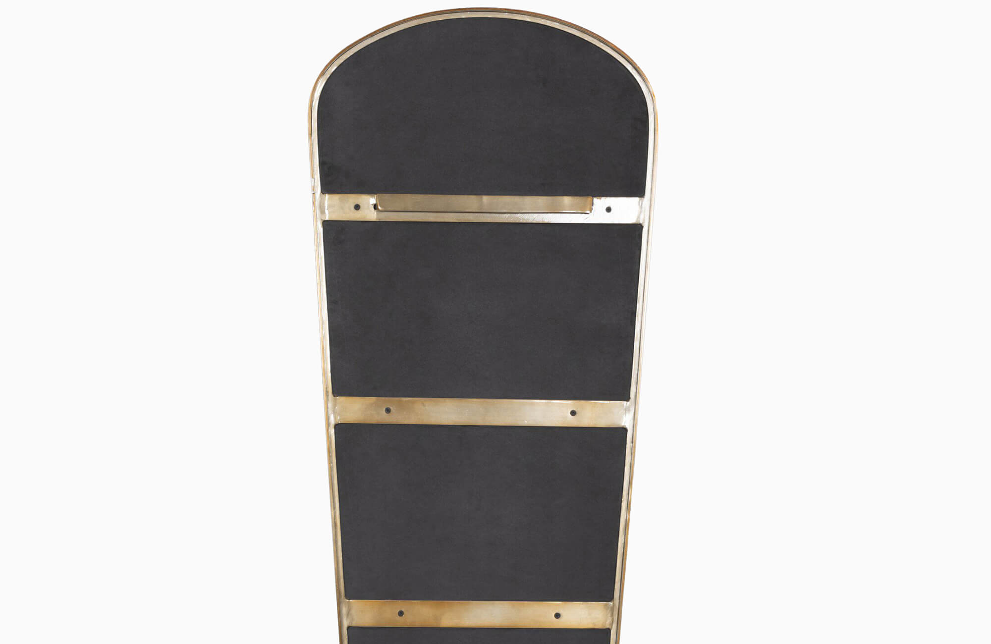 Arched bathroom mirror with a sturdy black and gold backing, designed for secure wall mounting and lasting durability.