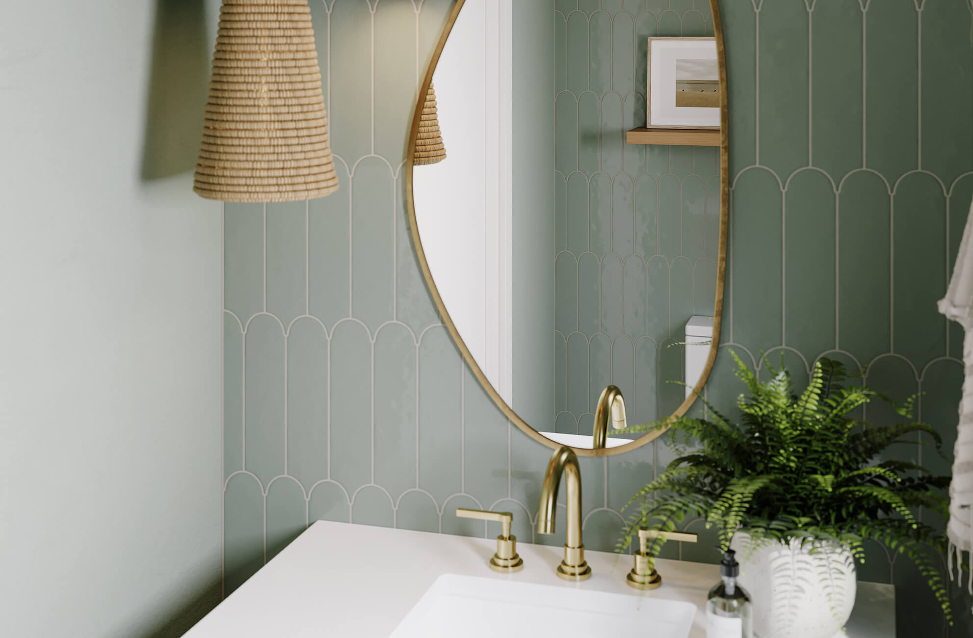 Asymmetrical bathroom mirror with a slim gold frame, paired with globe wall sconces and a modern chandelier that enhance the luxurious contemporary ambiance.
