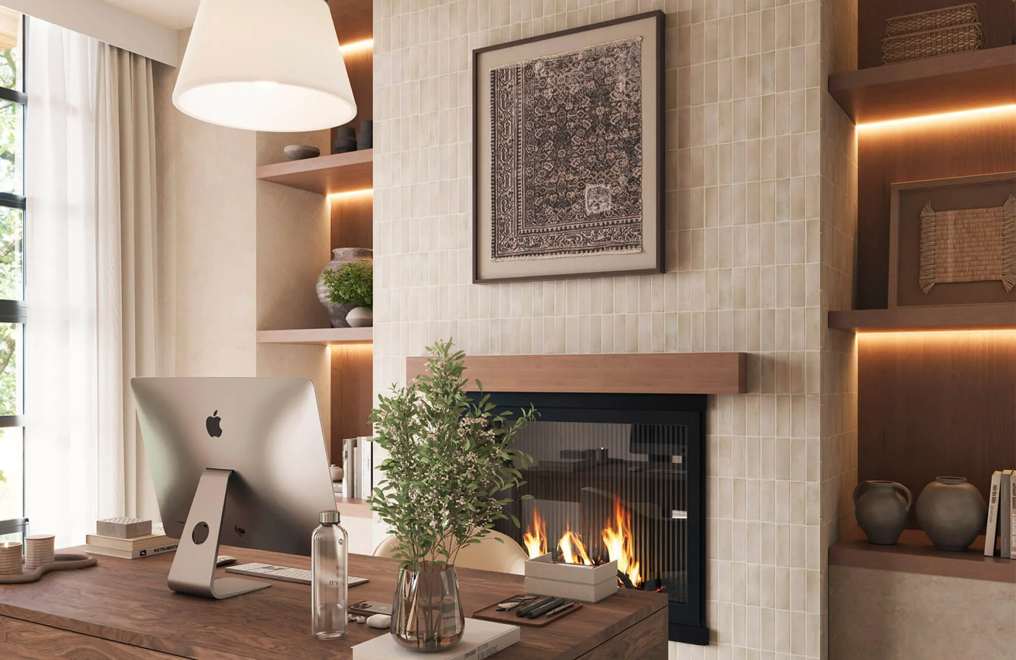 Large textured wall art centered above a long wooden dining table in a vaulted dining room with exposed beams, arched doorways, and a sculptural glass chandelier