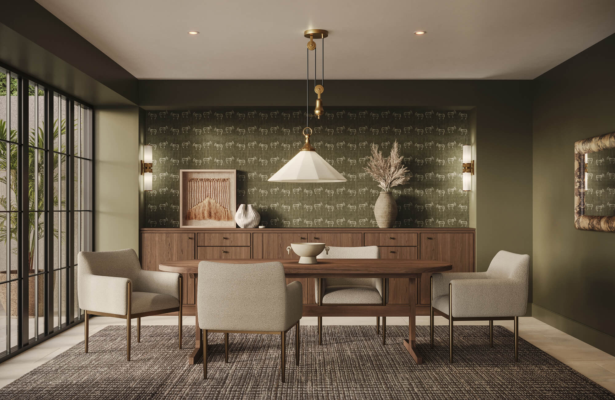 null Small abstract wall art hanging beside a mirror above a sage green bathroom vanity with brass fixtures and vertical wall paneling