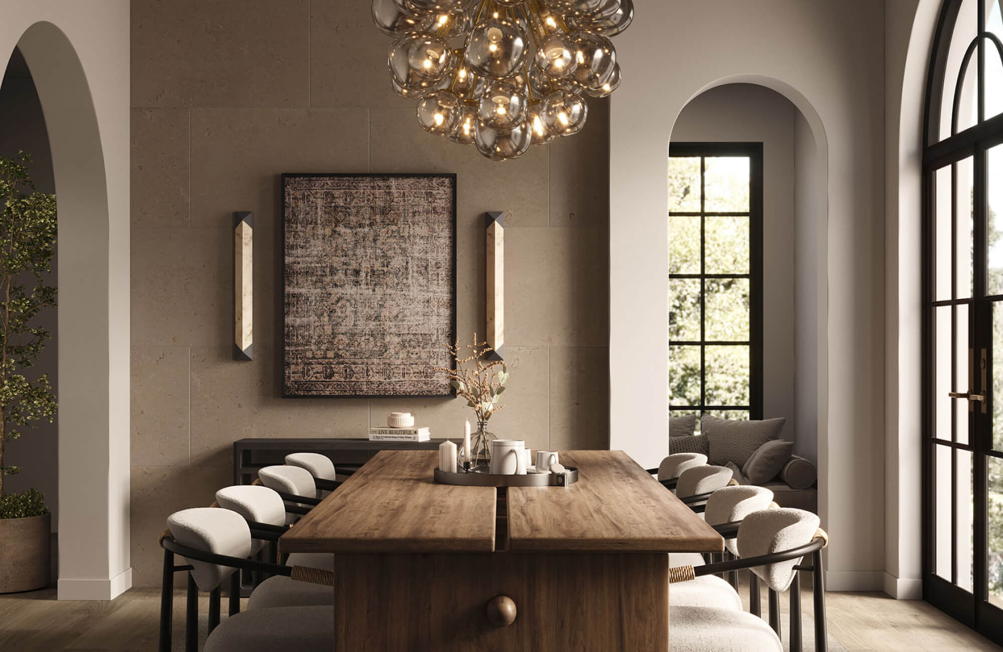 null Compact framed textile artwork displayed above a long wood sideboard in a moody dining room with patterned wallpaper, soft lighting, and upholstered seating