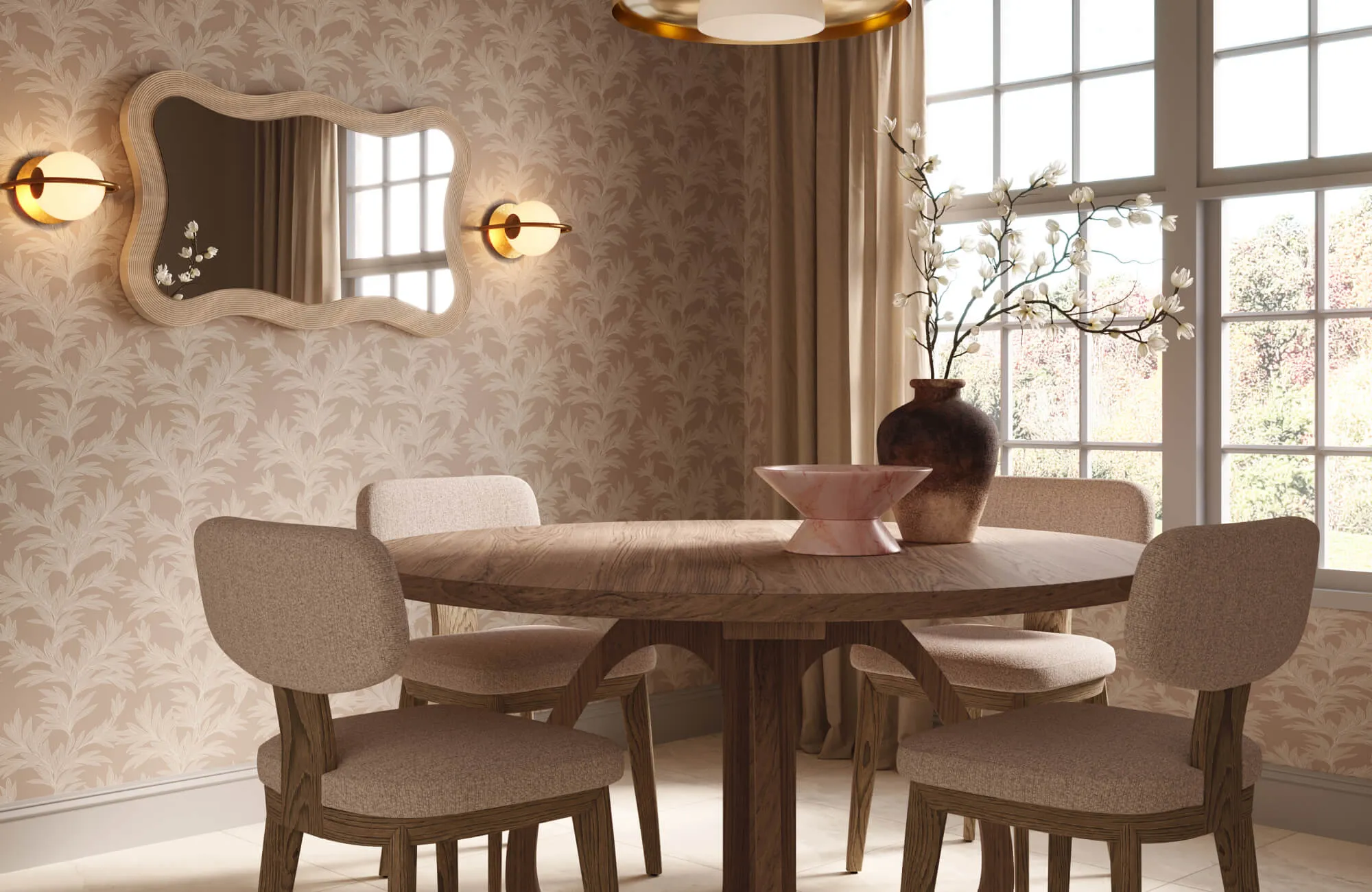 Neutral floral wallpaper with leafy botanical motifs in beige and cream creating a soft modern look in a warm dining room.