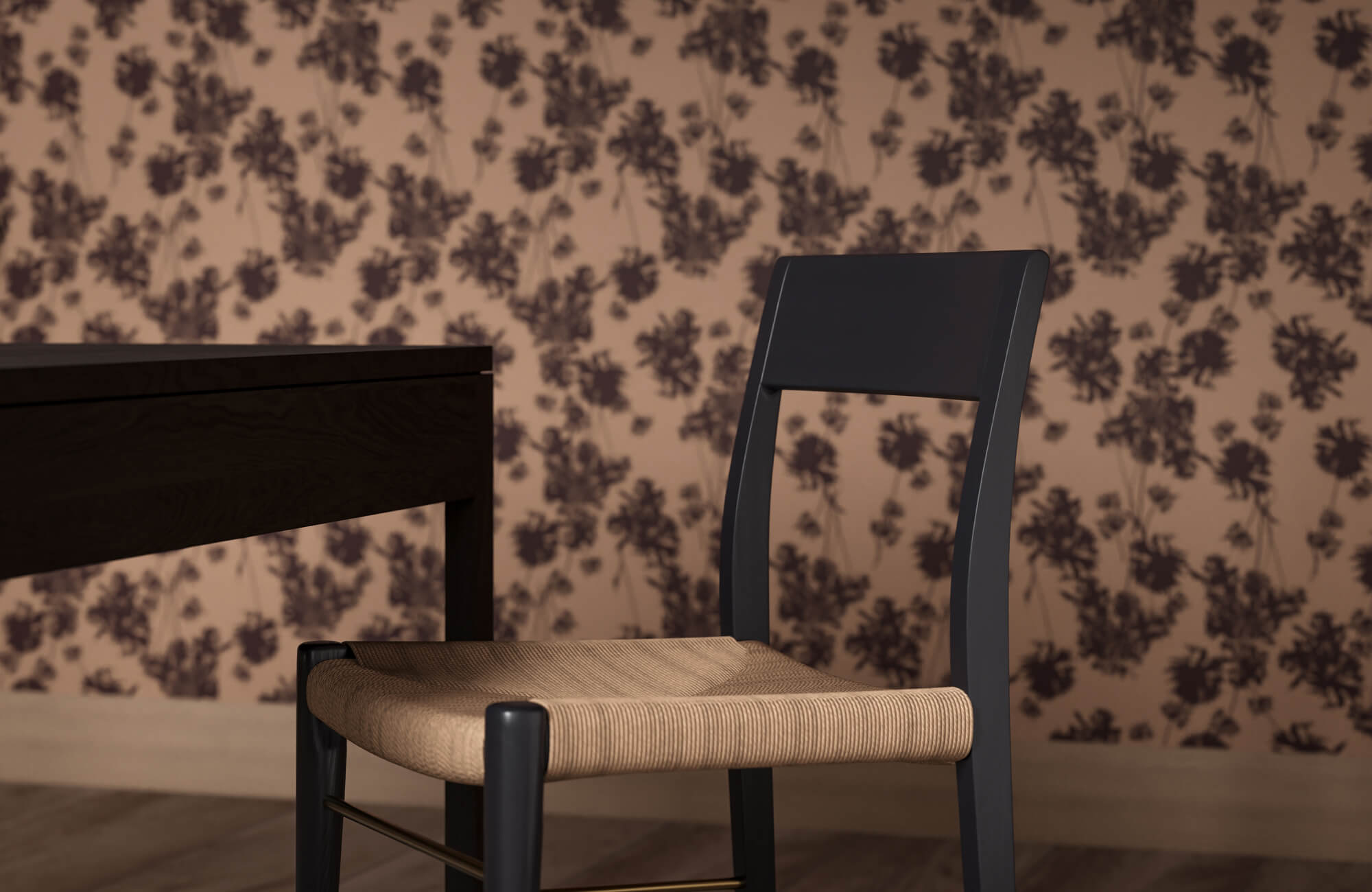 null Brown floral wallpaper with scattered botanical silhouettes adding contrast and vintage-inspired charm to a minimalist interior.