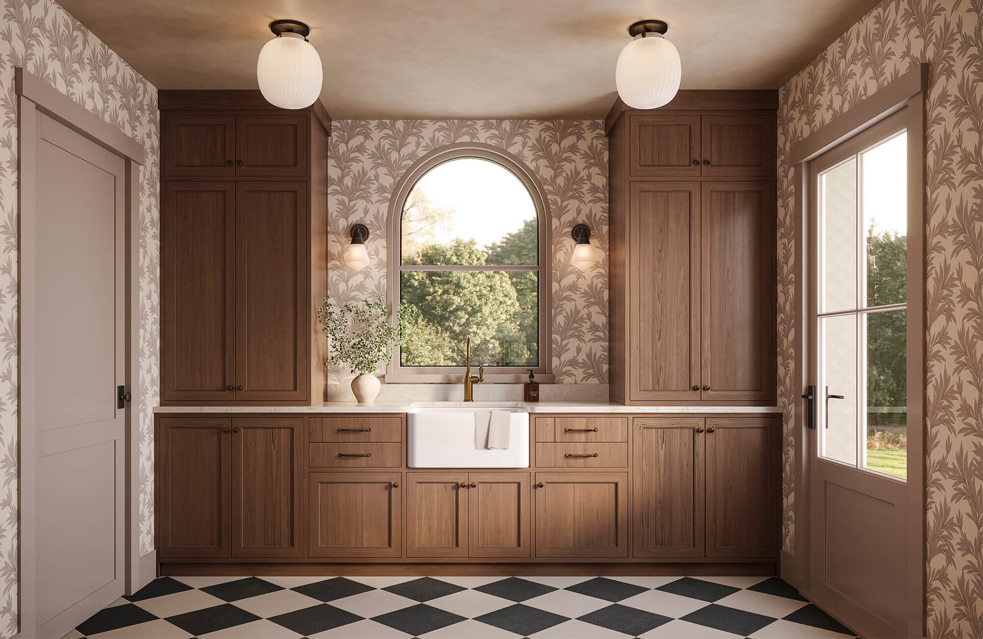 null Beige floral wallpaper with layered leaf patterns bringing warmth and organic texture to a bright transitional kitchen.
