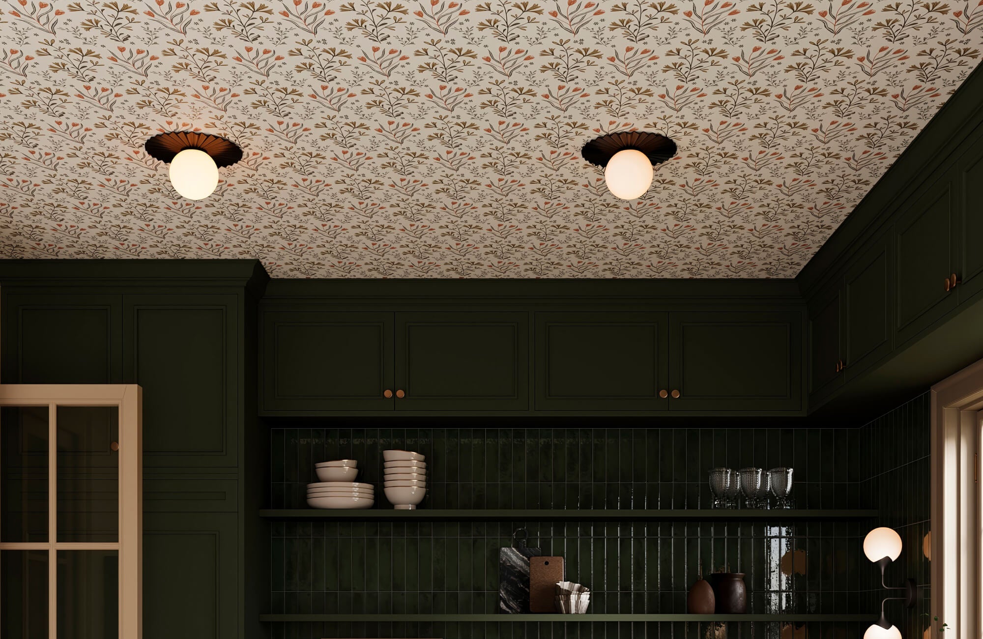 null Small-scale floral wallpaper with delicate red and green botanical sprigs covering a ceiling in a moody modern kitchen.