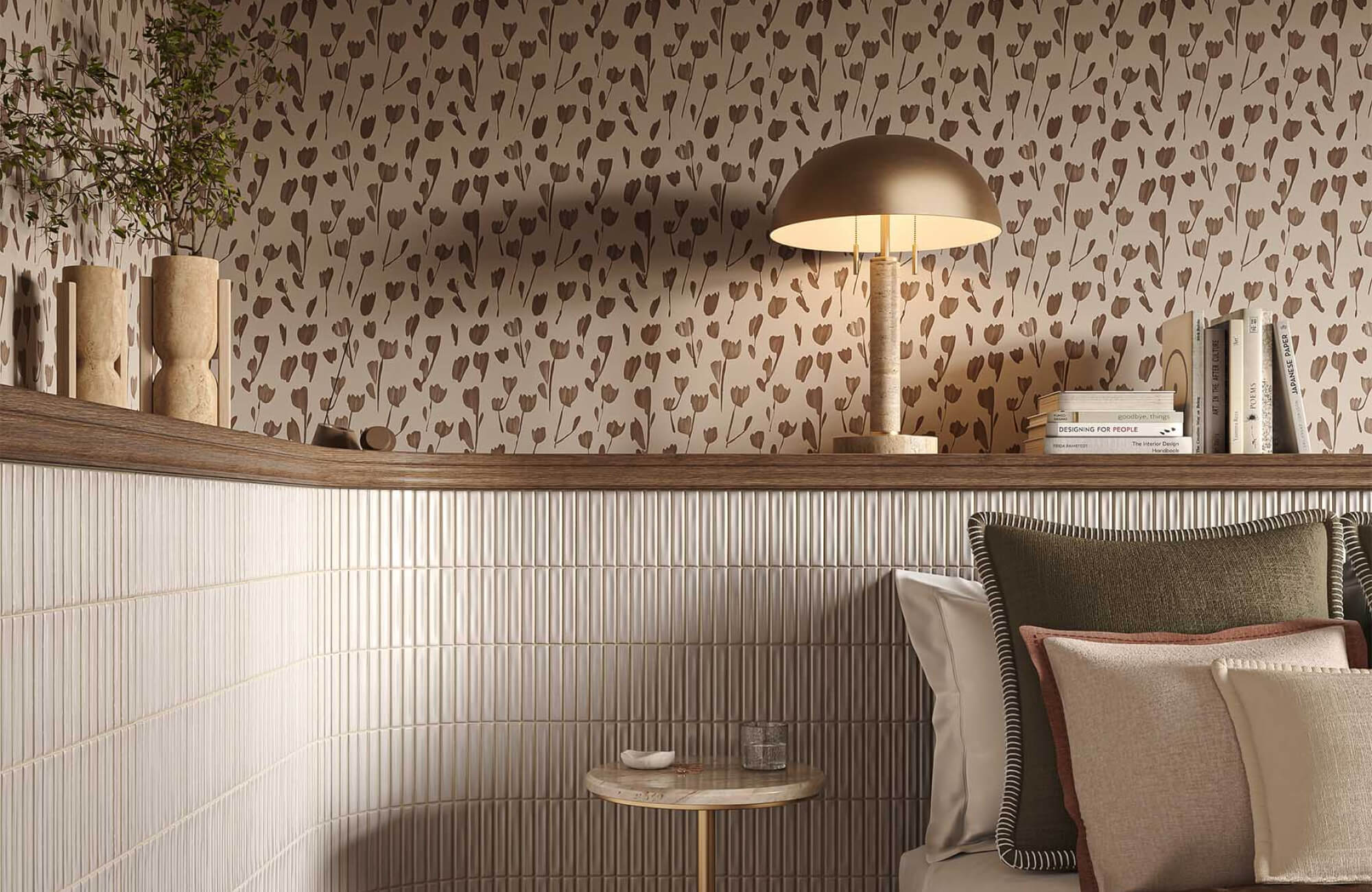 null Brown floral wallpaper with simple tulip motifs adding soft retro character to a cozy bedroom setting.