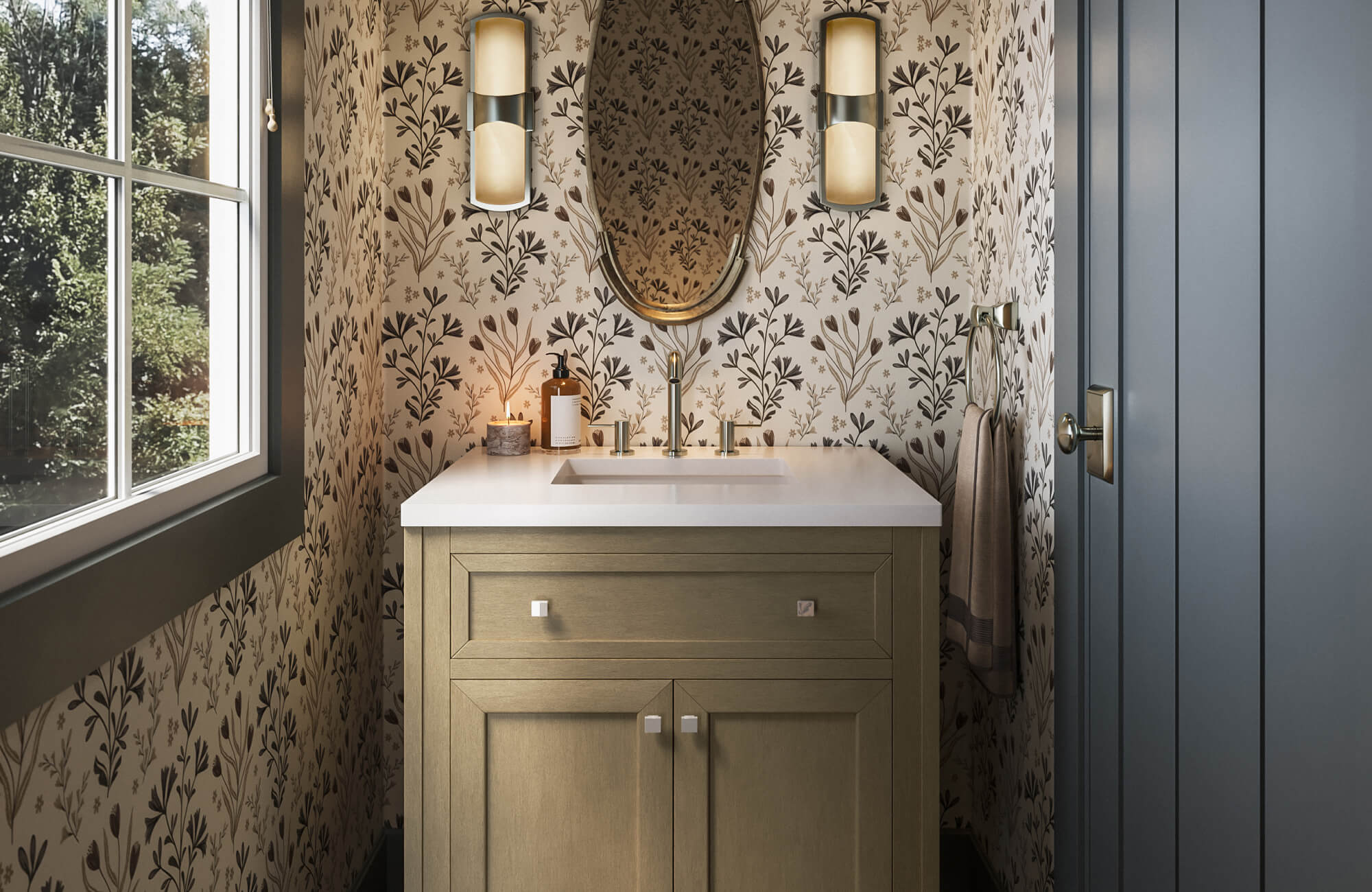 null Neutral floral wallpaper with dark botanical stems and leafy motifs creating an elegant contrast in a modern bathroom.