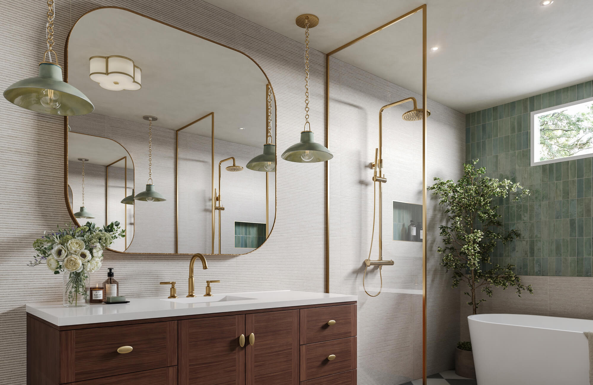null Contemporary space featuring a wood double vanity, oversized rounded mirror, gold accents, and a mix of white textured and green wall tiles.