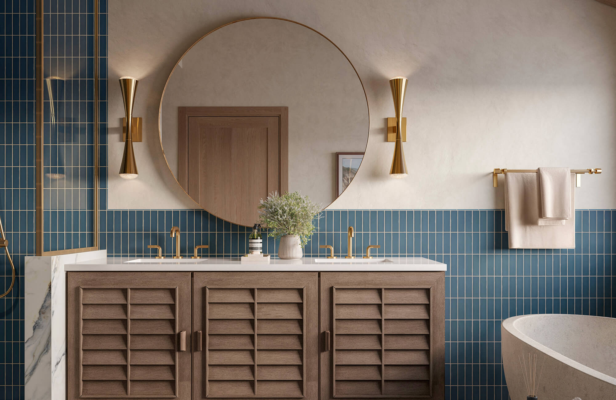 null Contemporary space featuring a double vanity with louvered doors, gold wall sconces, and deep blue wall tiles paired with a freestanding tub.