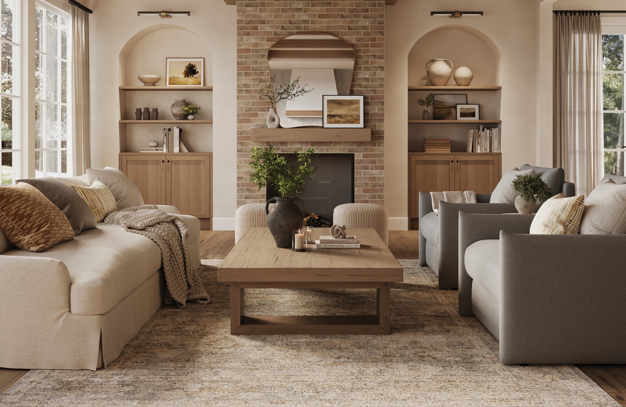 Living room fireplace with arched mirror above mantel, highlighting how mirrors serve as a focal point in gathering areas.