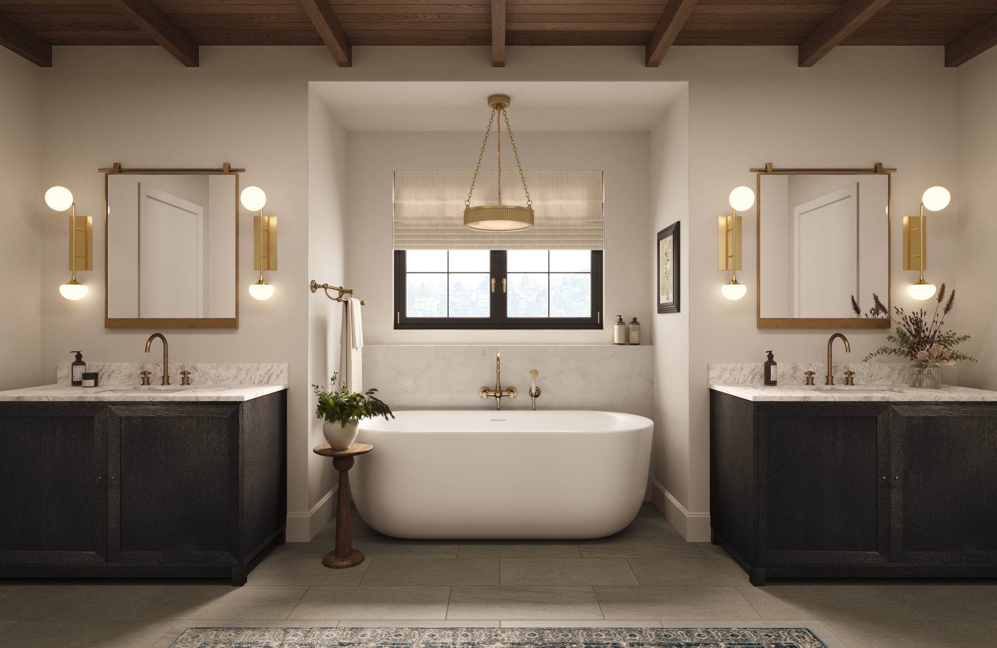 Symmetrical bathroom mirrors above vanities, framed to complement lighting and elevate both style and functionality.