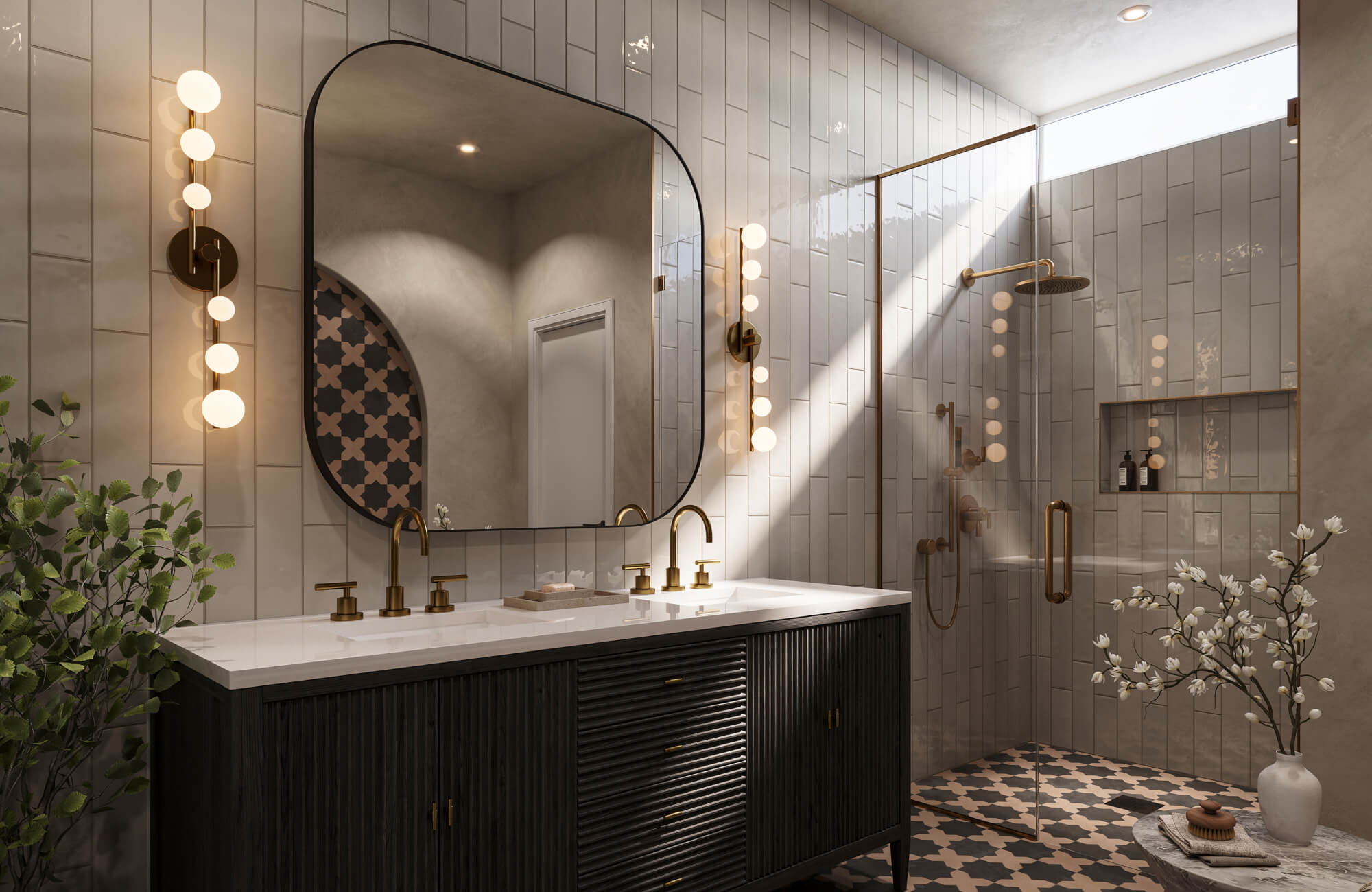 Modern bathroom with glossy white subway tile walls, double vanity with brass fixtures, and glass walk-in shower.