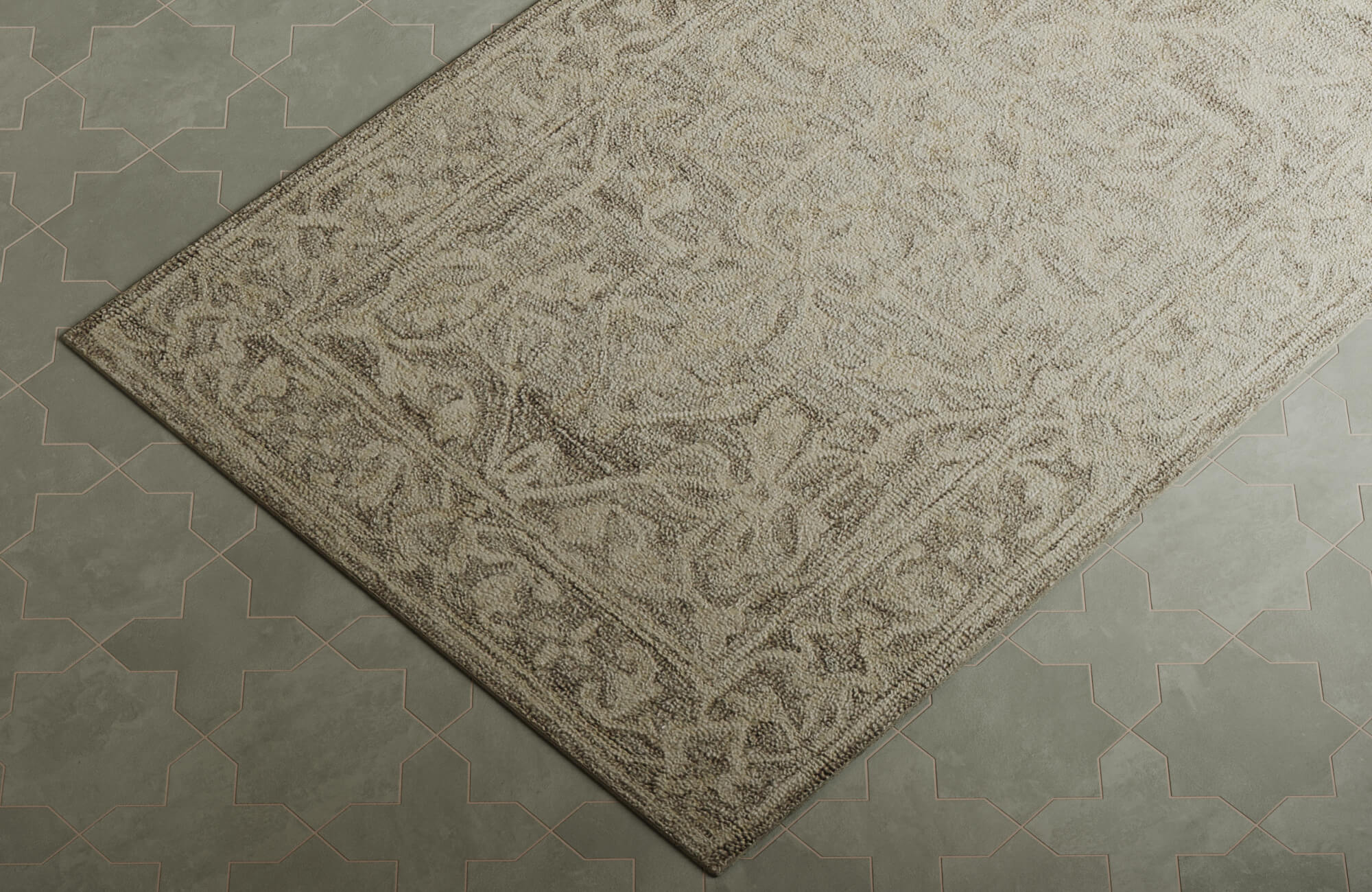 null A close-up of a beige patterned rug resting on soft green tiles with a subtle geometric outline.