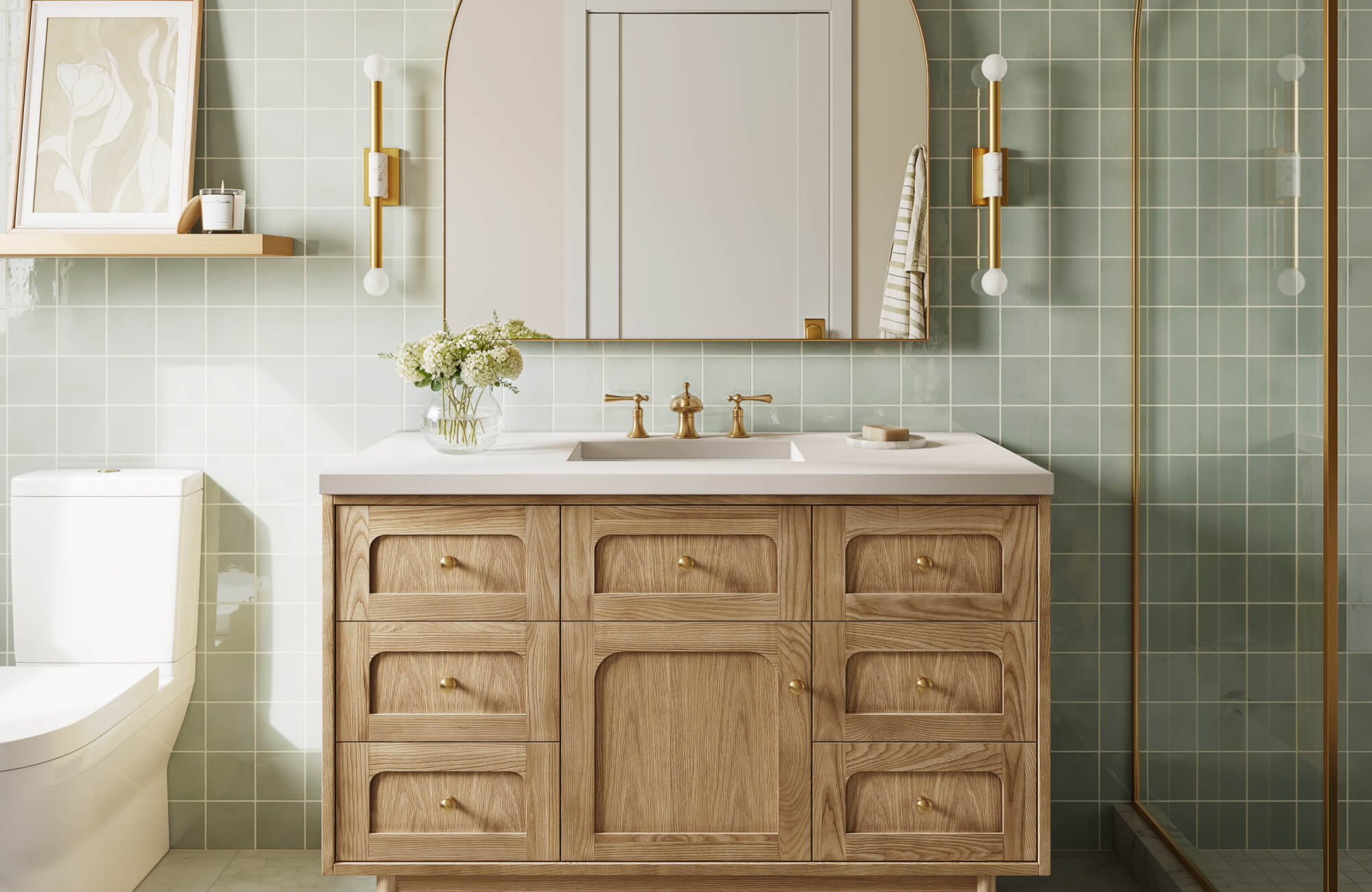 null Modern bathroom with a natural wood vanity, brass fixtures, and soft green square wall tiles creating a calm, spa-like feel.