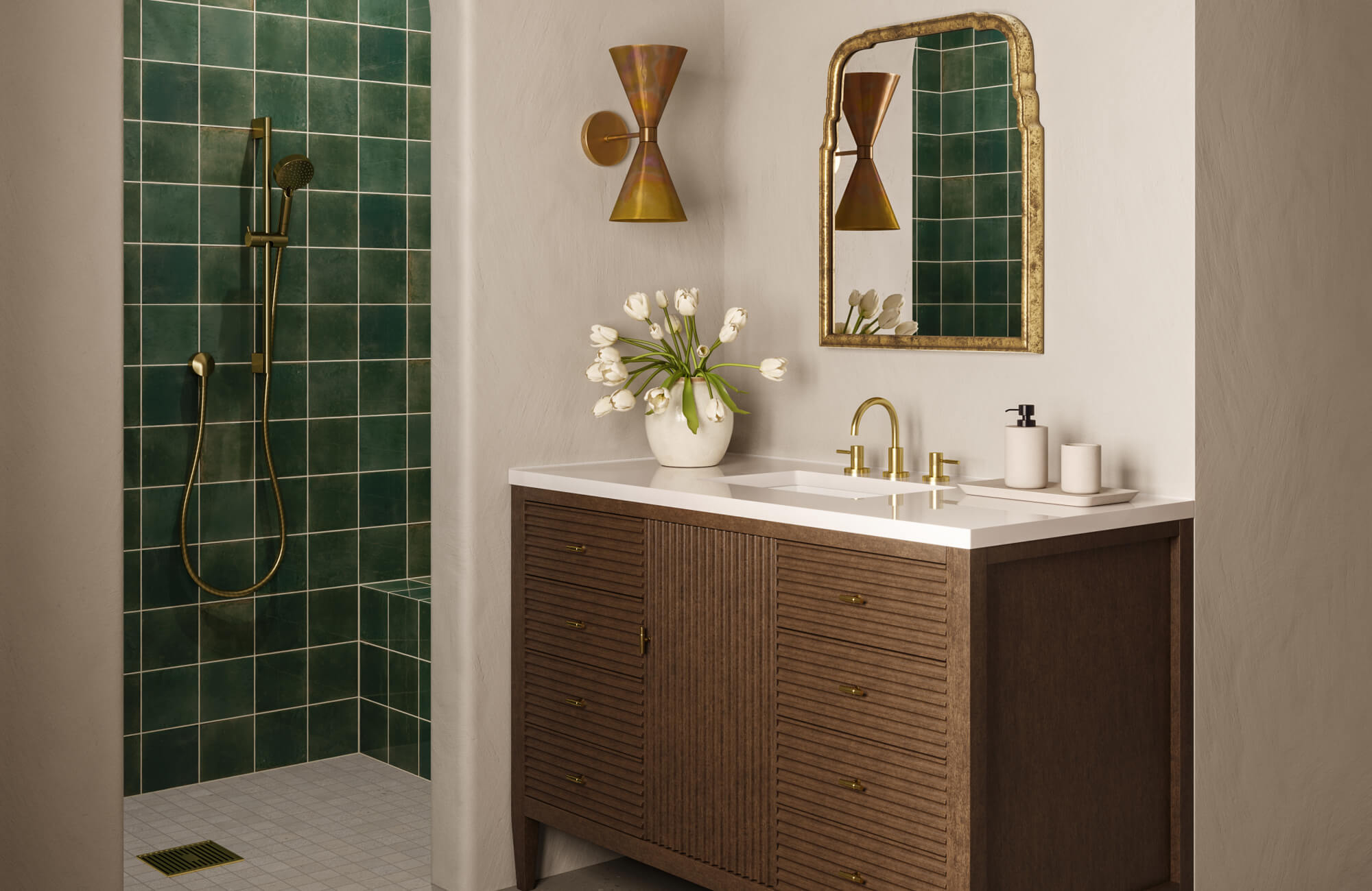 null Stylish master bathroom featuring a dark wood vanity, gold accents, and emerald green shower tiles for a refined modern look.