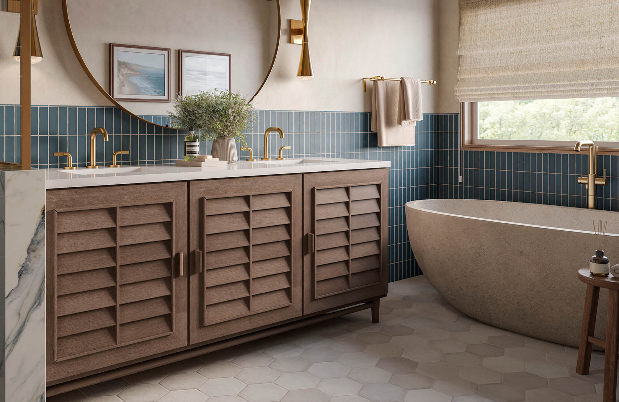 null Contemporary bath with a double-sink wooden vanity, brass accents, and sleek blue wall tiles creating a refined, spa-like atmosphere.