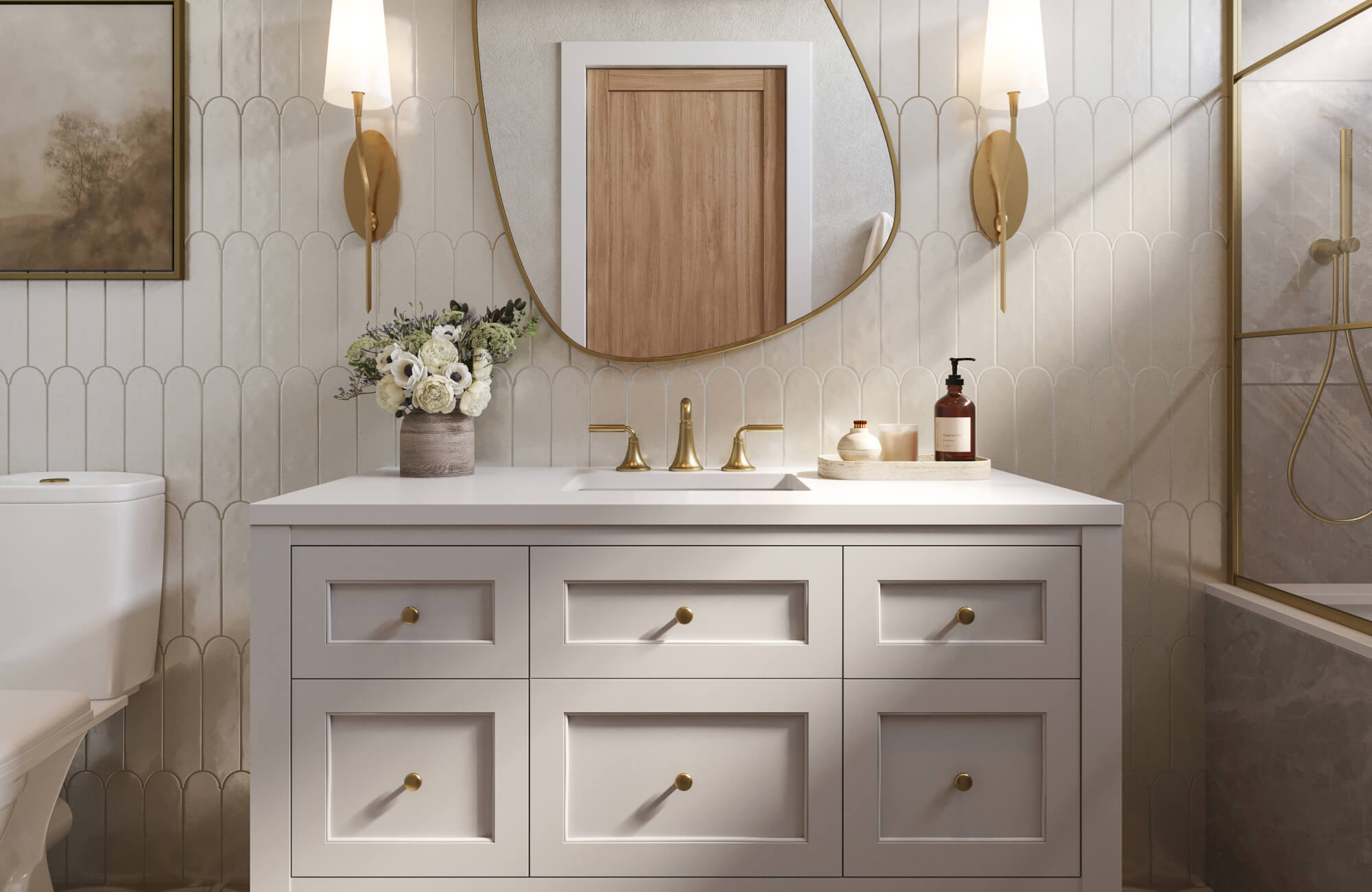 null Modern bathroom design featuring a 48-inch white vanity with brass accents and textured ivory tiles for a serene, spa-inspired feel.
