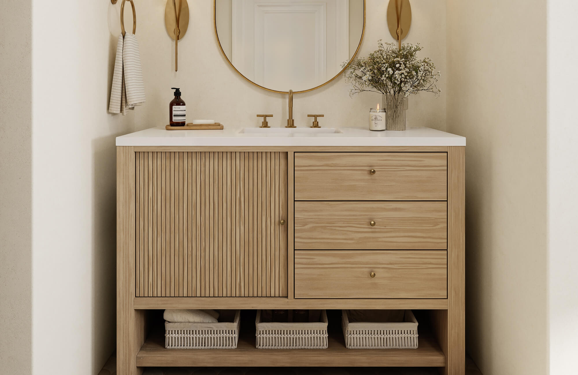 null Stylish 48-inch vanity in natural wood with vertical detailing, gold accents, and warm neutral tones, creating a cozy minimalist space.