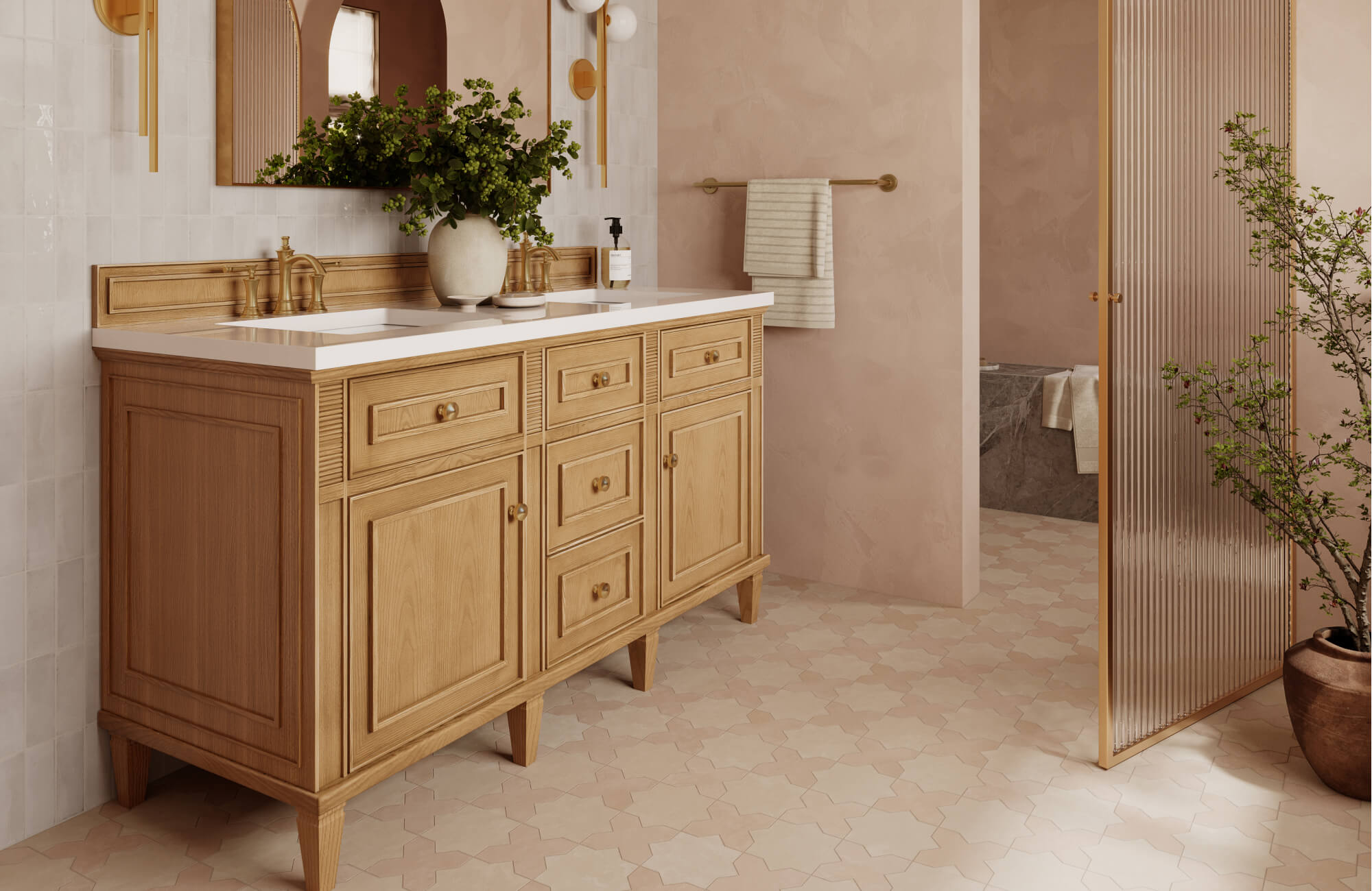 null Warm bathroom with blush-toned star-and-cross floor tiles, natural wood vanity, and soft pink plaster walls for a cozy, Mediterranean feel.