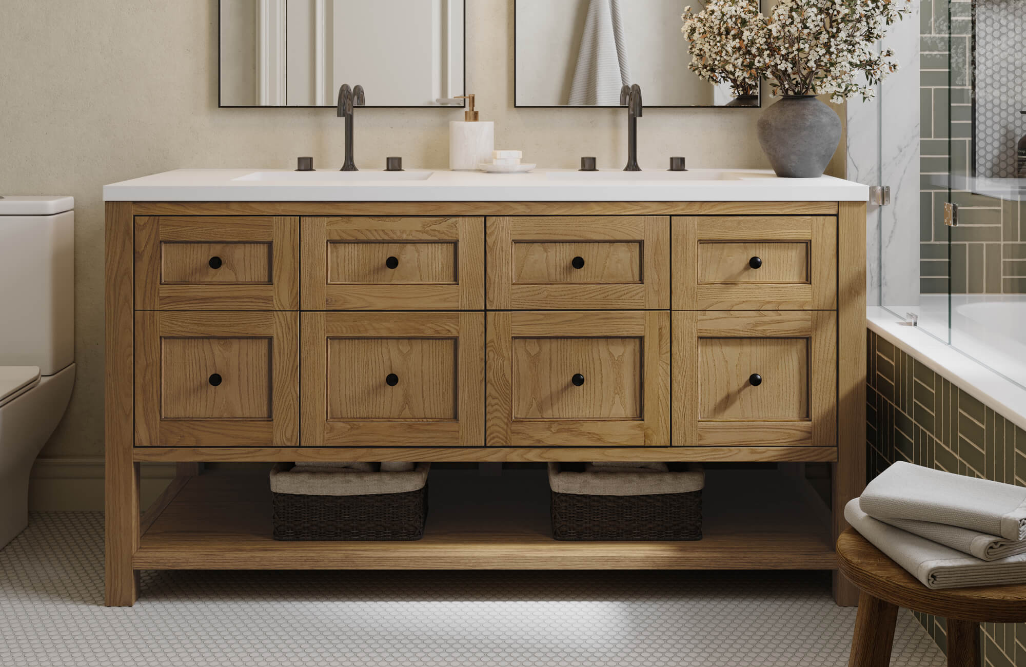 null Natural wood vanity with black hardware and dual sinks, set against neutral tones and olive green geometric shower tiles.