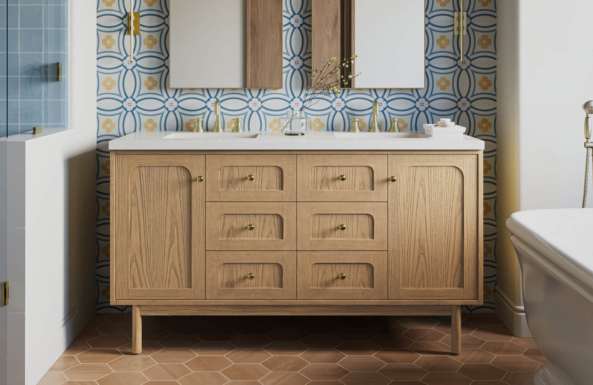 null Playful bathroom with retro floral wall tiles, honeycomb terracotta flooring, and a natural oak vanity with brass accents.