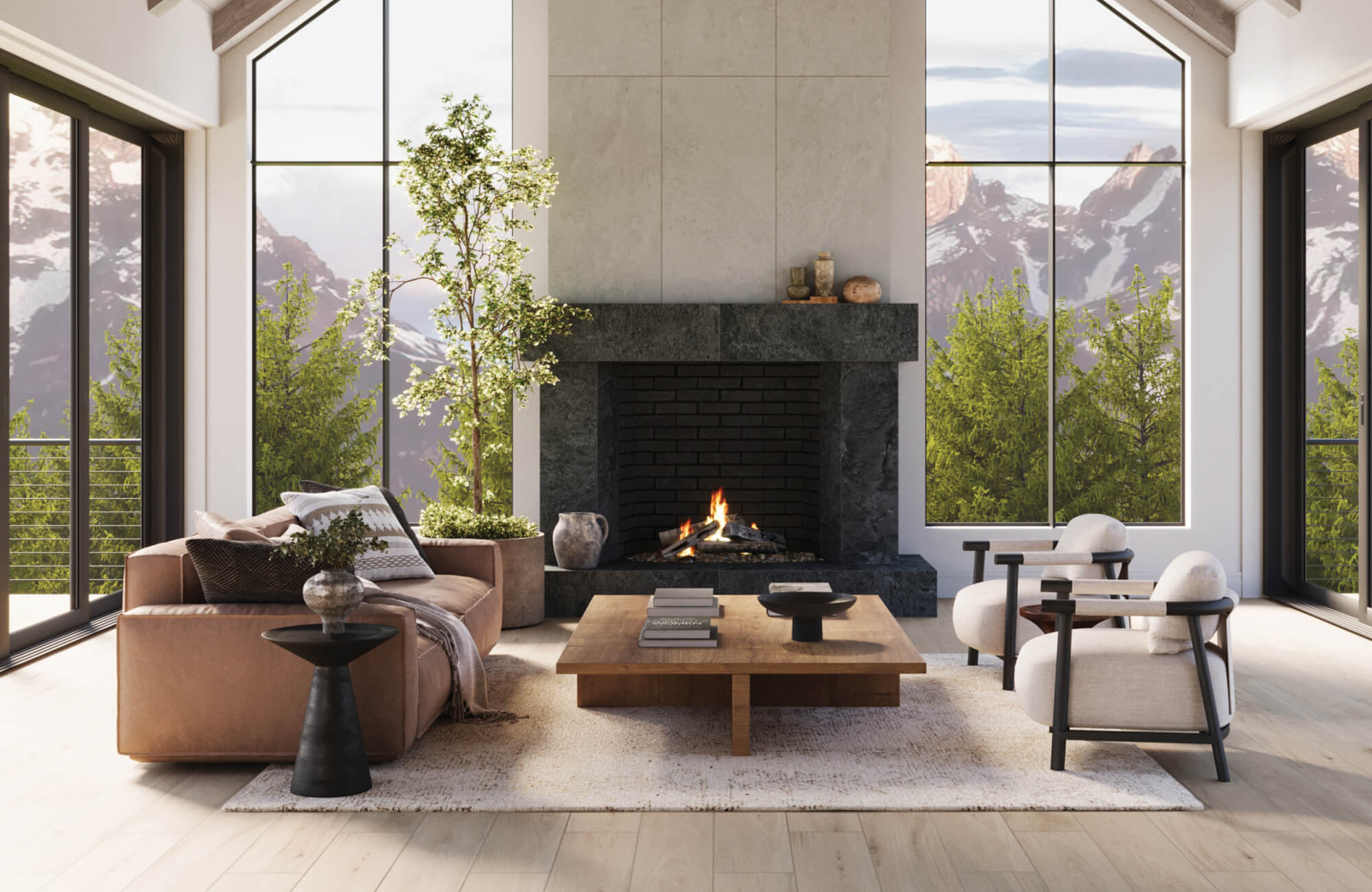 Cozy living room with a black stone fireplace, warm wood tones, and a soft, textured 9x12 rug, all framed by breathtaking mountain views.