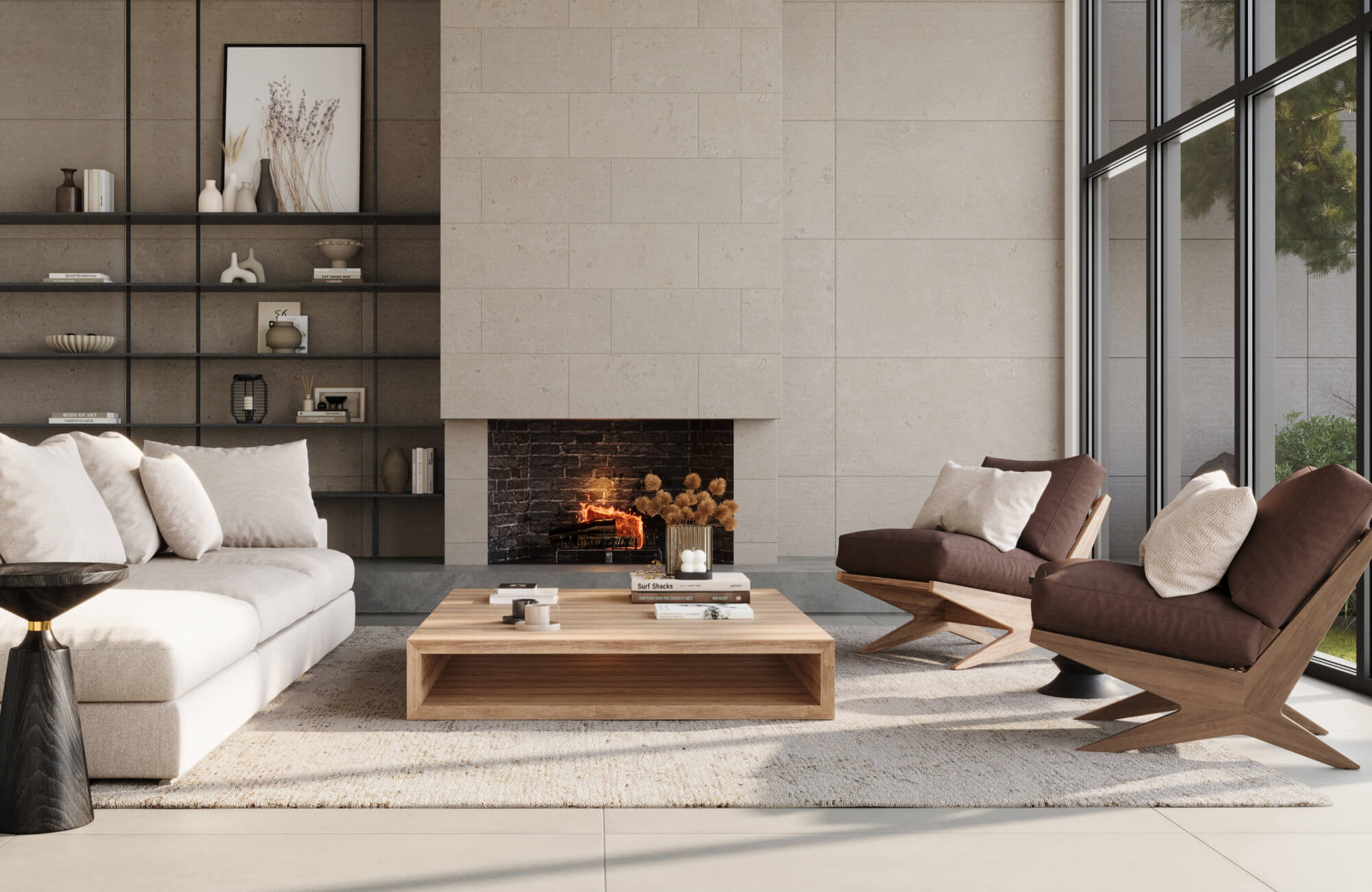 Modern living room with a textured 9x12 area rug, sleek furnishings, and a cozy fireplace framed by floor-to-ceiling windows.