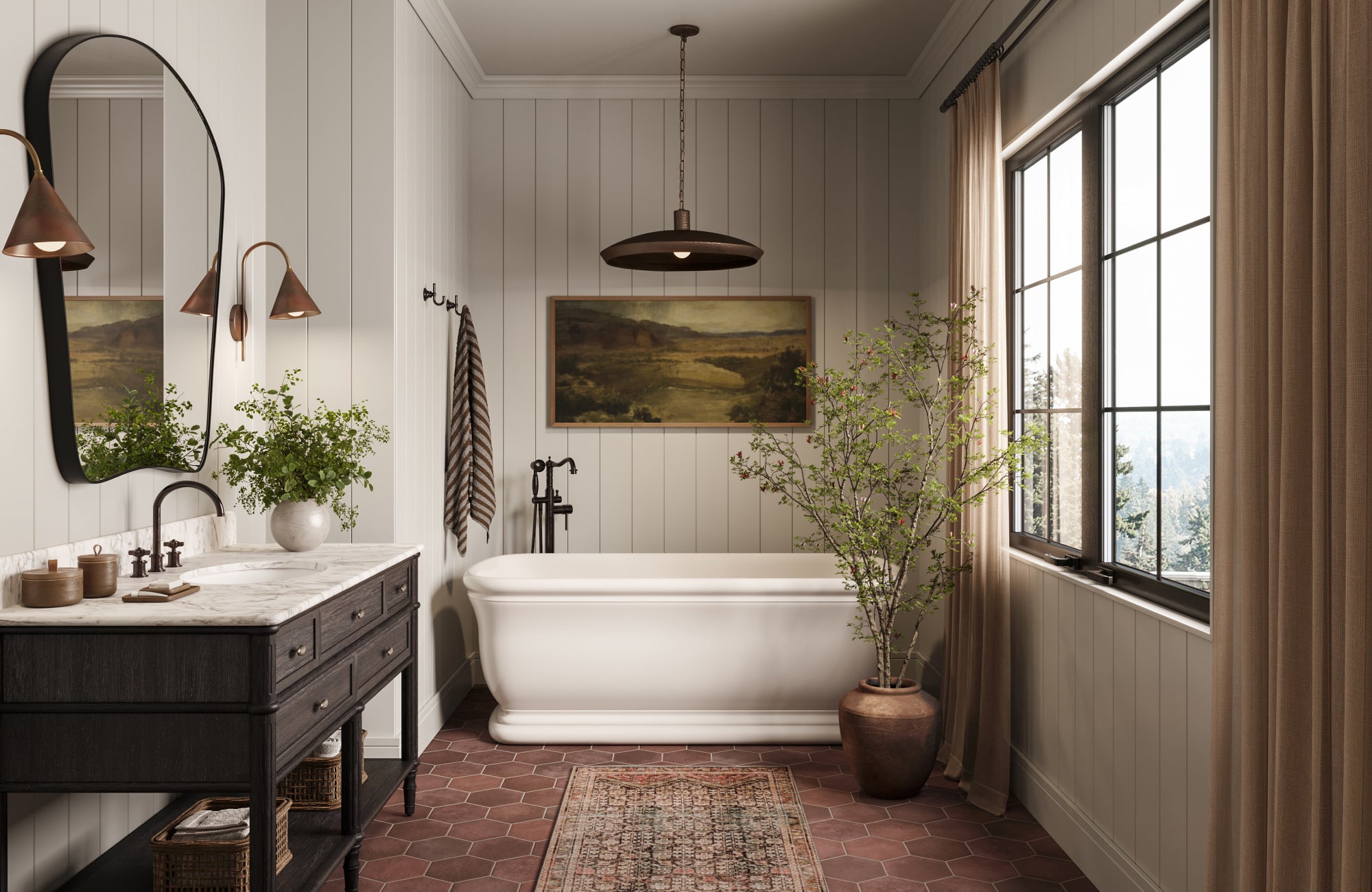 Traditional black bathroom vanity with marble top, paired with wall sconces and warm-toned accents.