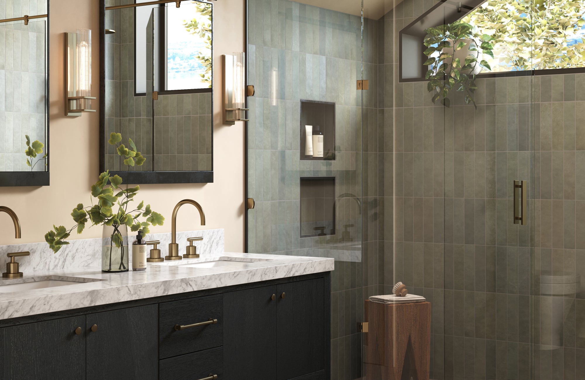Black double vanity with marble top and brass fixtures, styled with mirrors and neutral tiled shower wall.