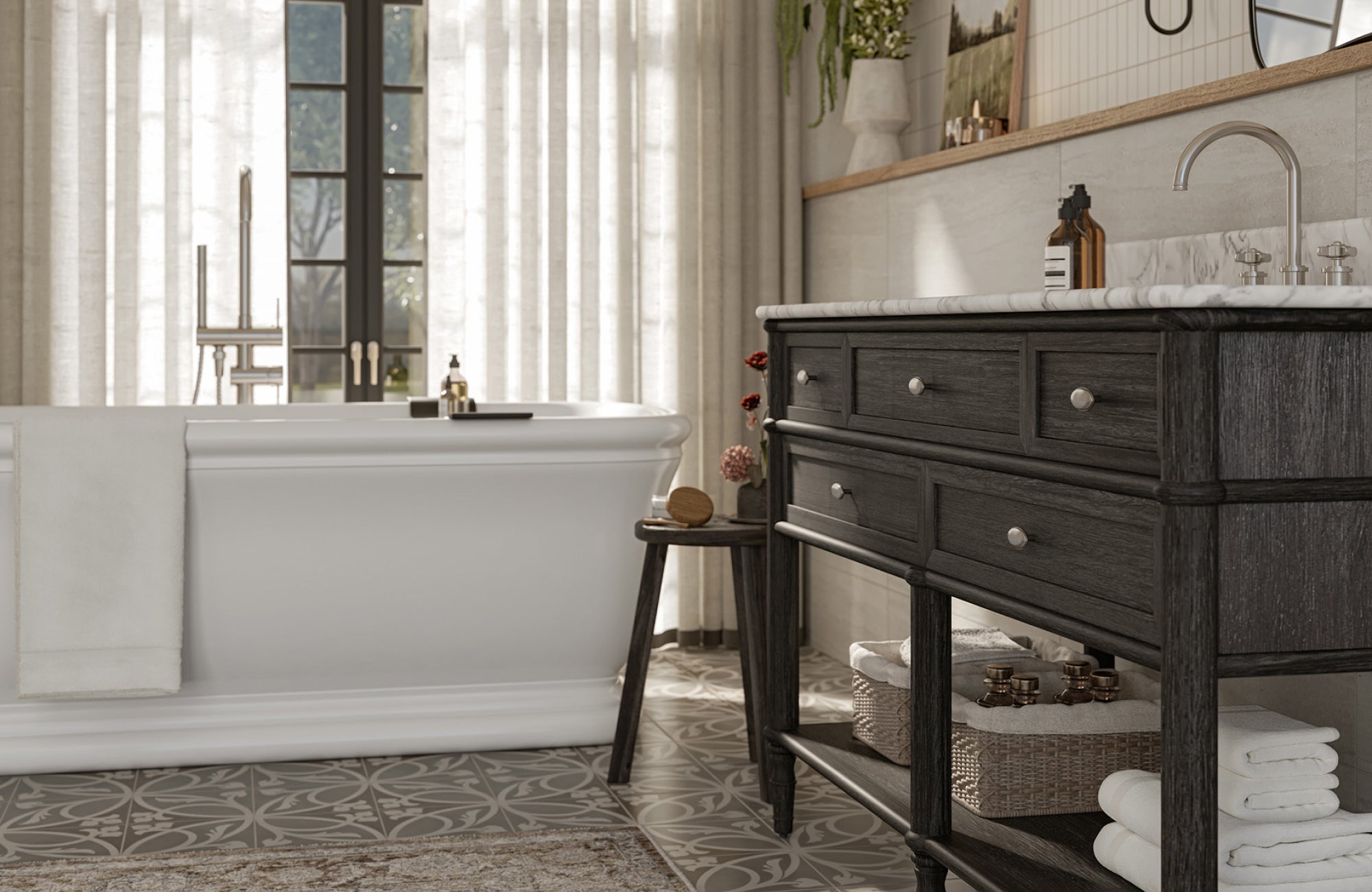 Classic black vanity with open shelving, marble top, and silver hardware, styled with towels and wicker baskets.