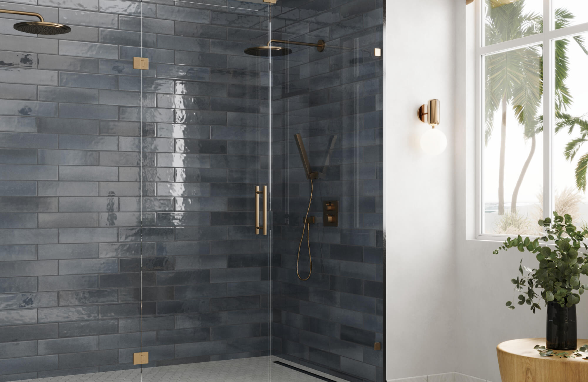 Contemporary bathroom with glossy blue backsplash tiles in a walk-in shower, brass fixtures, and a tropical view.