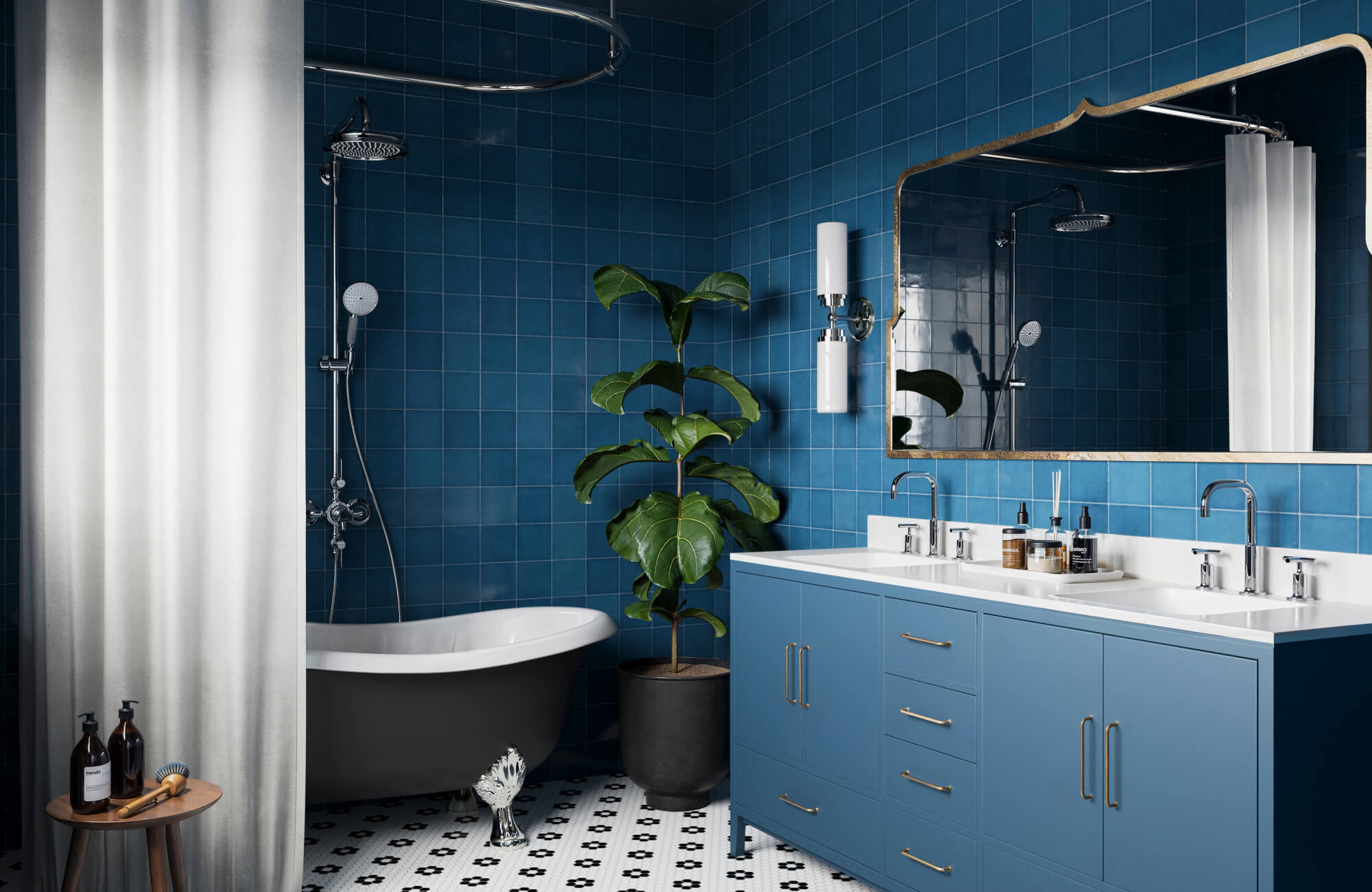Eclectic bathroom featuring bold cerulean blue backsplash tiles, black clawfoot tub, and patterned mosaic floor.