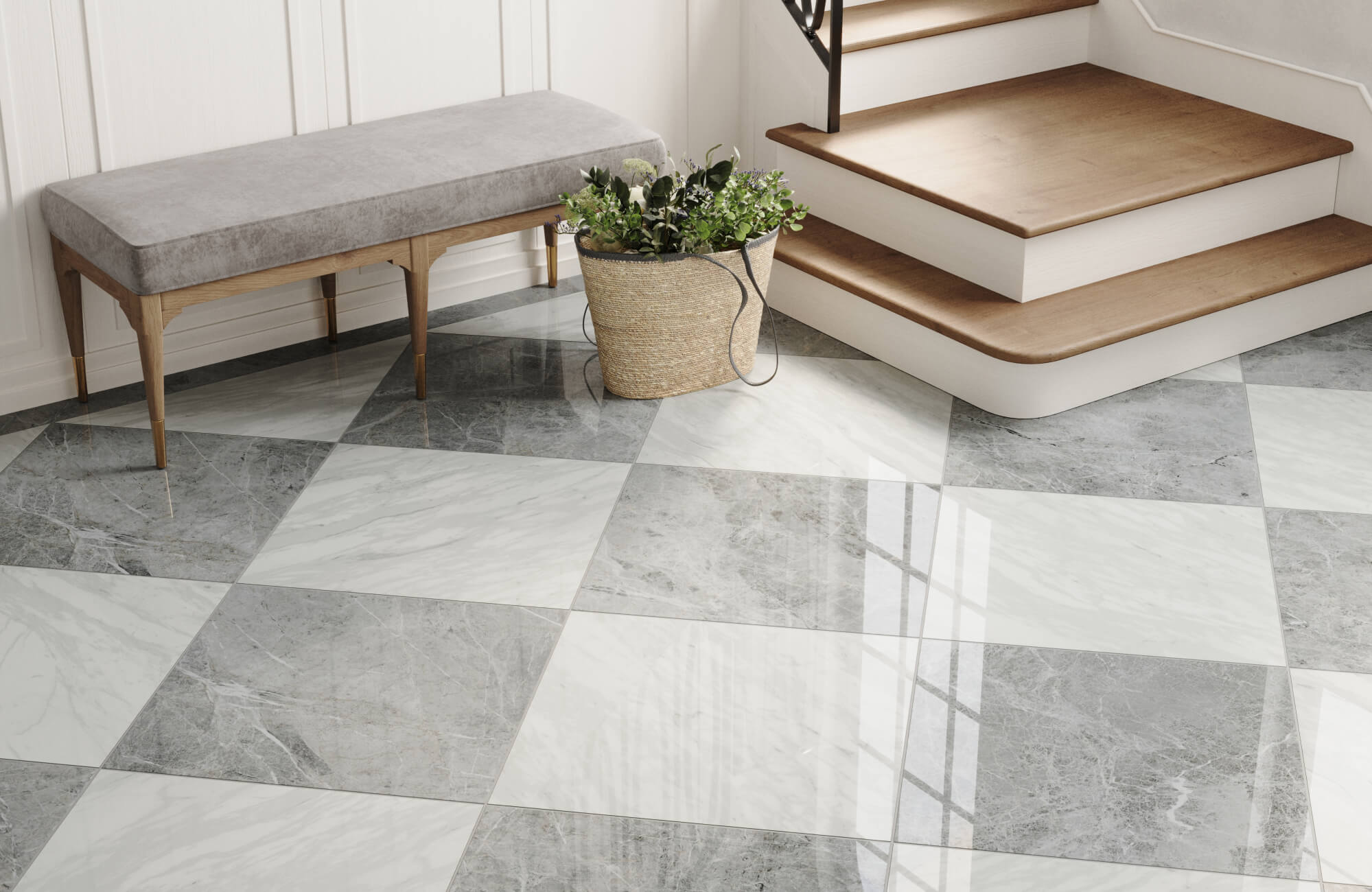 Stylish foyer featuring a diagonal checkerboard floor with marble-look tiles, complemented by a cozy bench and natural wooden stairs.