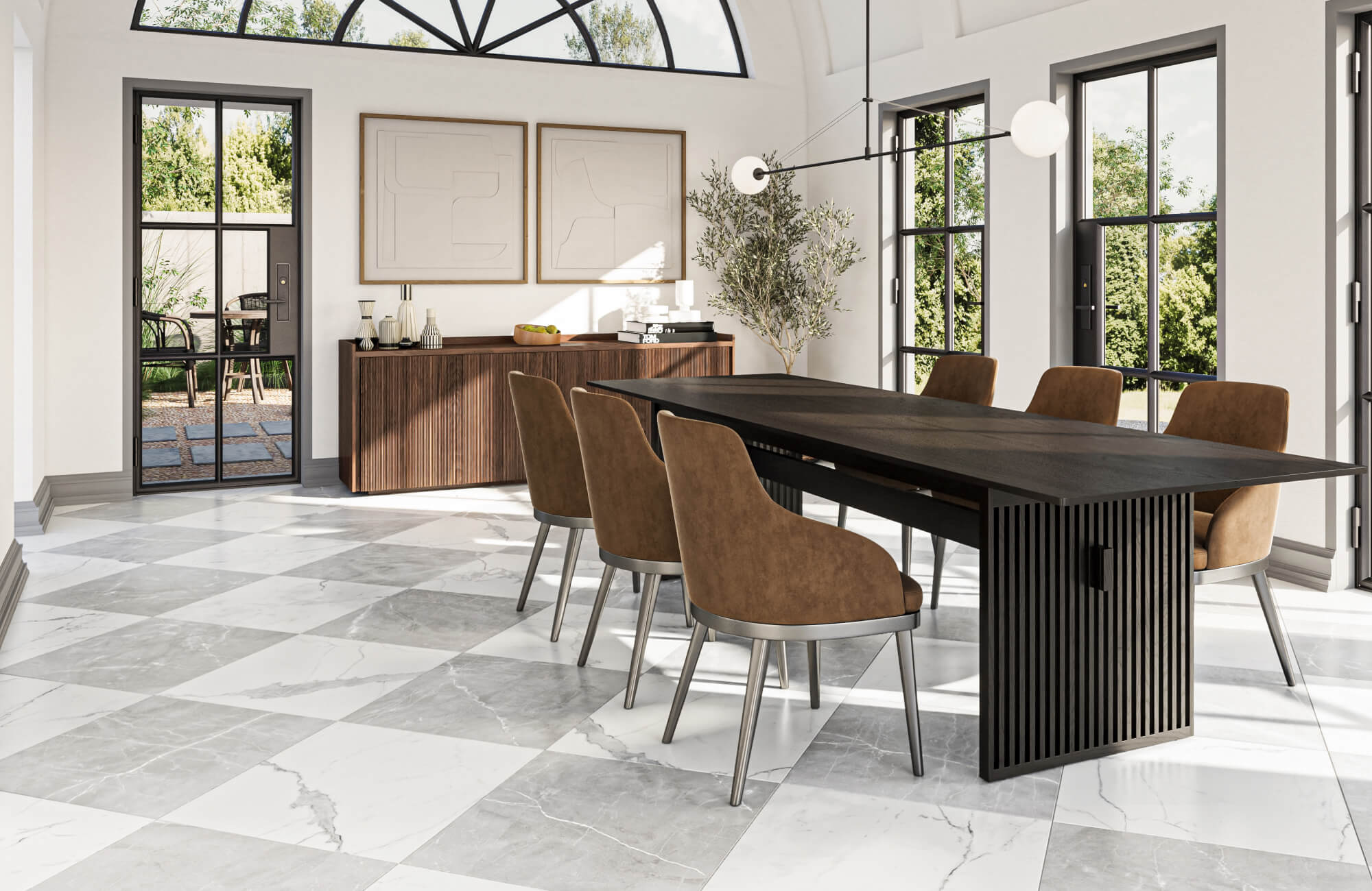 Modern dining room with large windows and a diagonal checkerboard floor featuring gray and white marble-look tiles, complemented by sleek furniture and natural light.