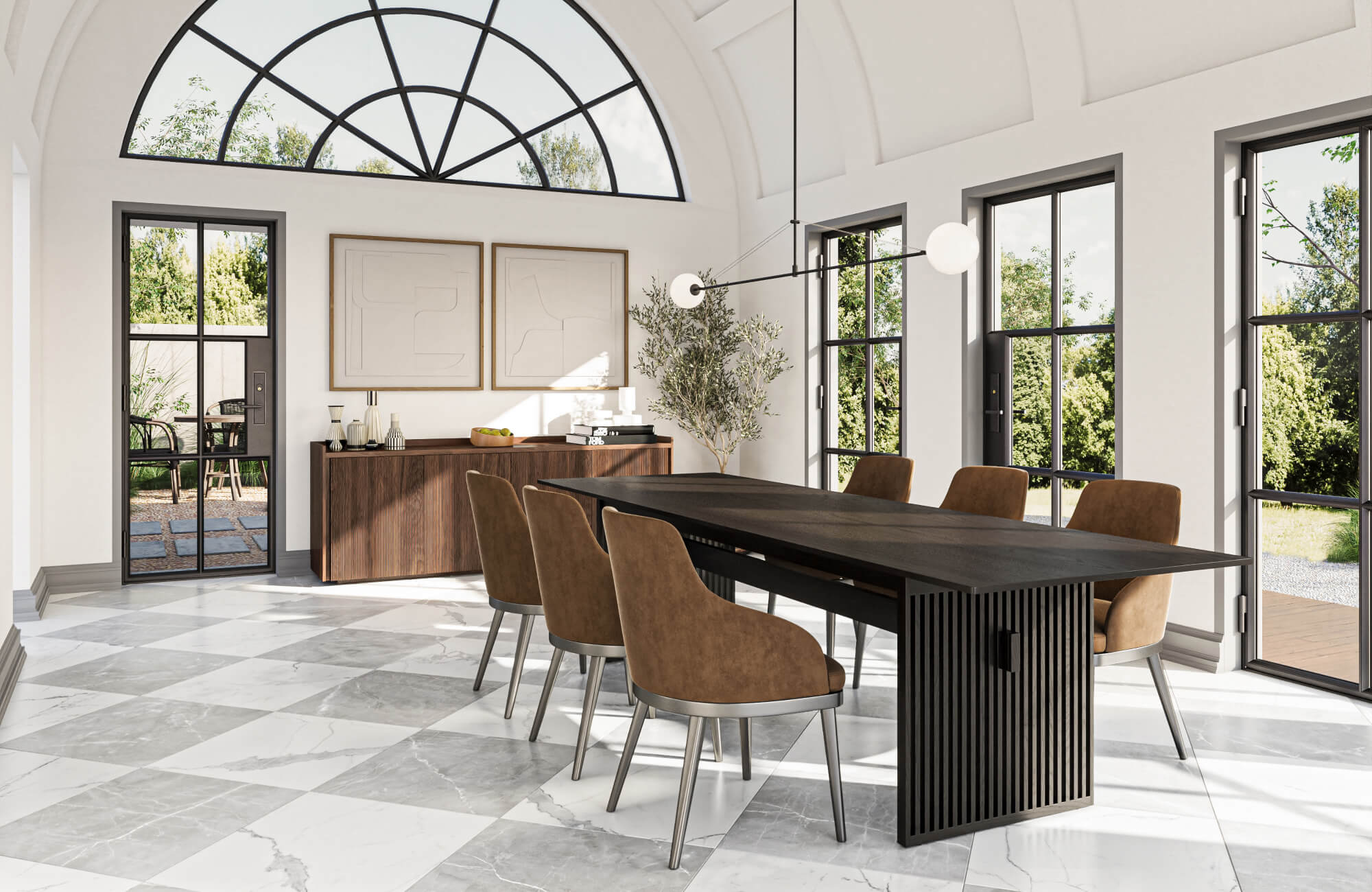 null Bright dining room with checkered marble-look flooring, arched windows, and a sleek black dining table, creating a modern and airy space.