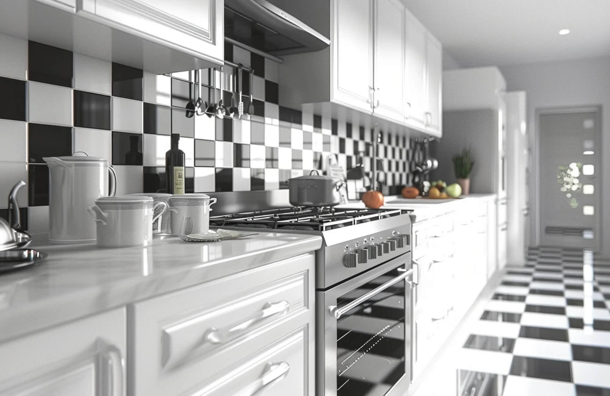 null Modern kitchen with a black and white checkered tile backsplash and floor, complemented by sleek white cabinets and stainless steel appliances.