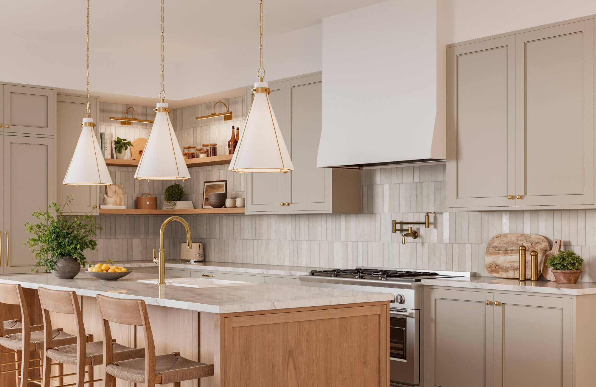 Warm contemporary kitchen with light taupe cabinetry, vertical tile backsplash in straight lay pattern, brass accents, and a marble island with a wood base.